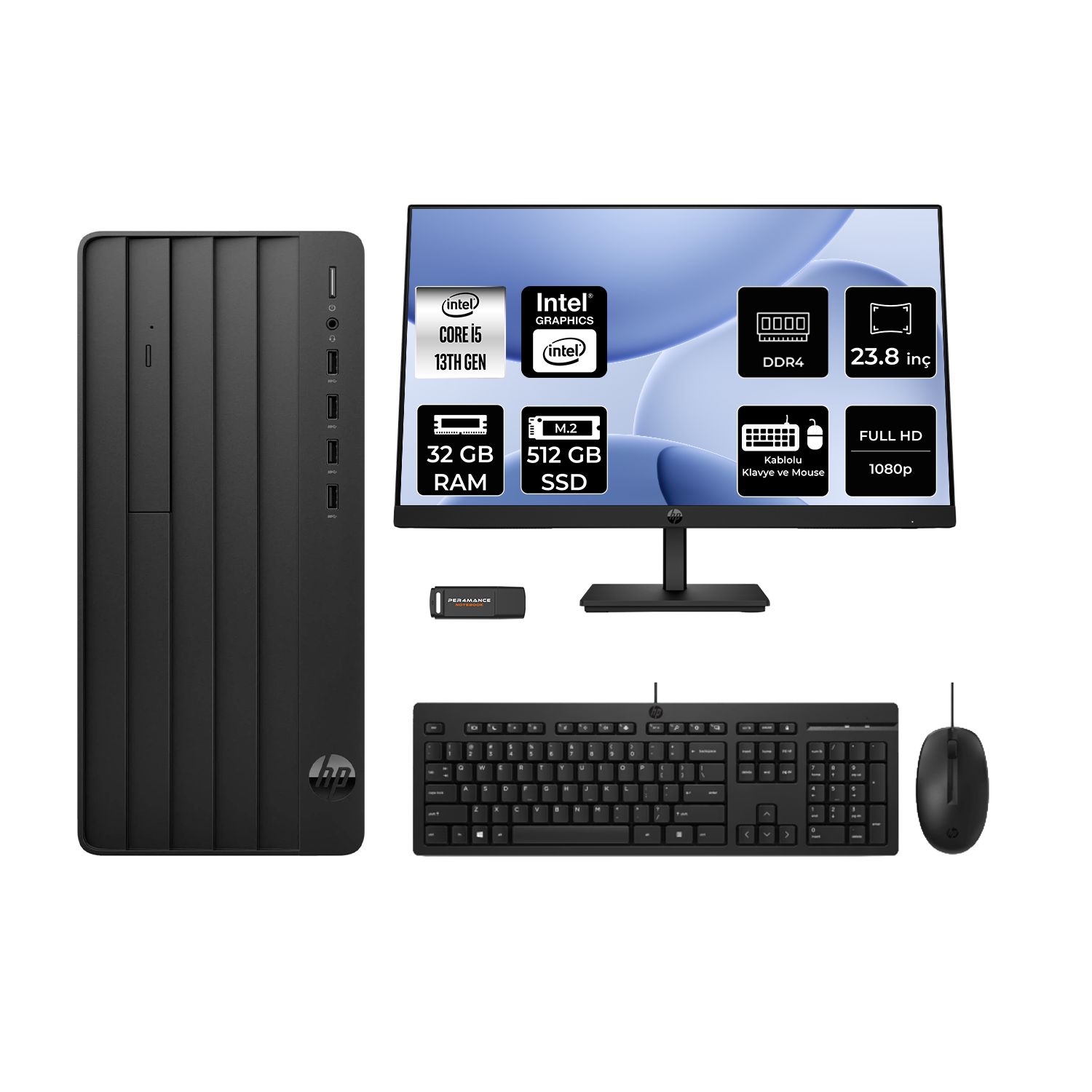 HP Pro Tower 290 G9 23.8" B70VKATPN545 PER4 Bellek Intel® Core™ i5-13500 32 GB RAM 512 GB SSD FreeDOS Masaüstü Bilgisayar
