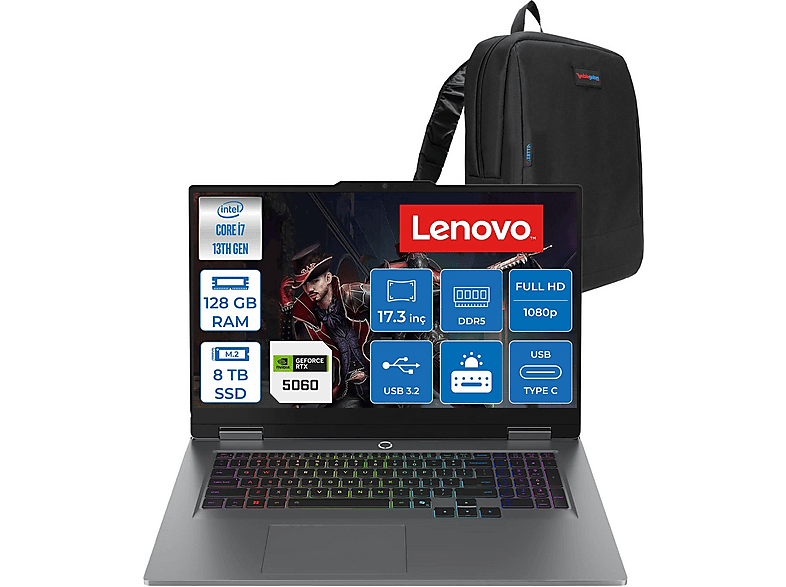 LENOVO LOQ 17IRX10 RTX5060 8GB FHD 165HZ W83JH006ETRF54 Intel Core i7-13650HX 128 GB RAM 8 TB SSD 17,3 inç FreeDOS Laptop+Çanta Gri