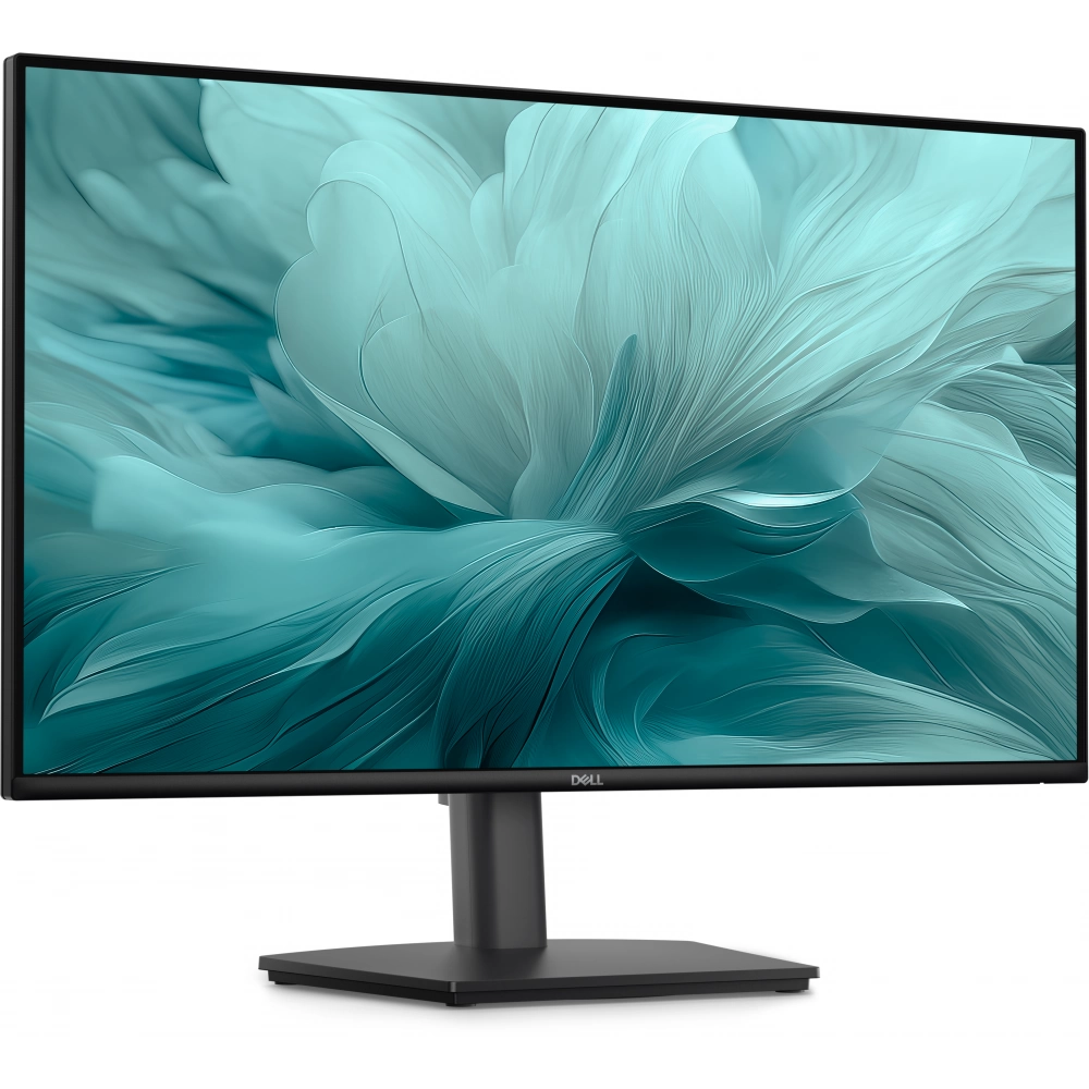 Monitor Dell z abstrakcyjnym, turkusowym tłem.