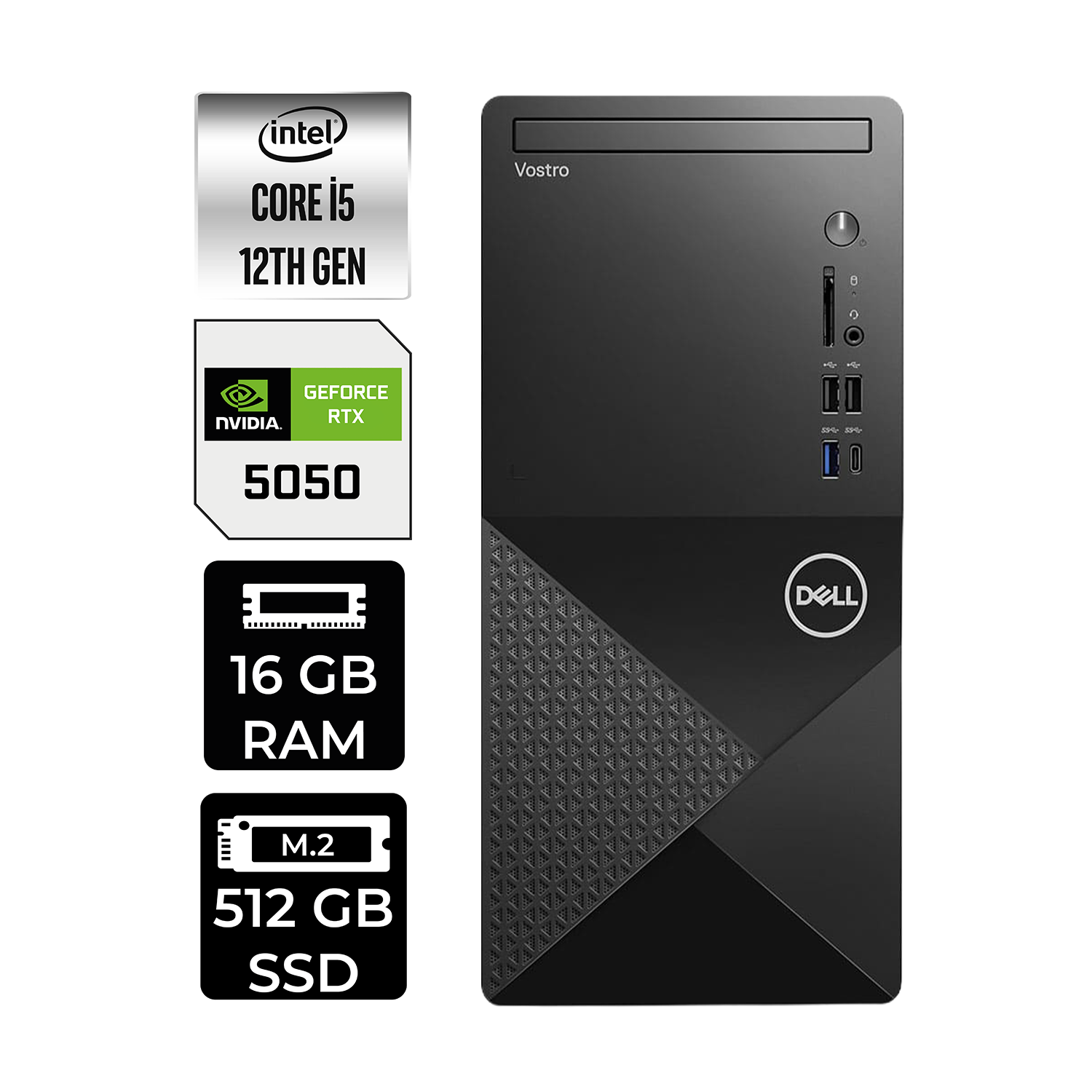 DELL Vostro 3030MT  RTX5050/8GB   N6004VDT3030MTP541 & PER4 Bellek Intel Core i5-12400 16 GB RAM 512 GB SSD FreeDOS Masaüstü Bilgisayar