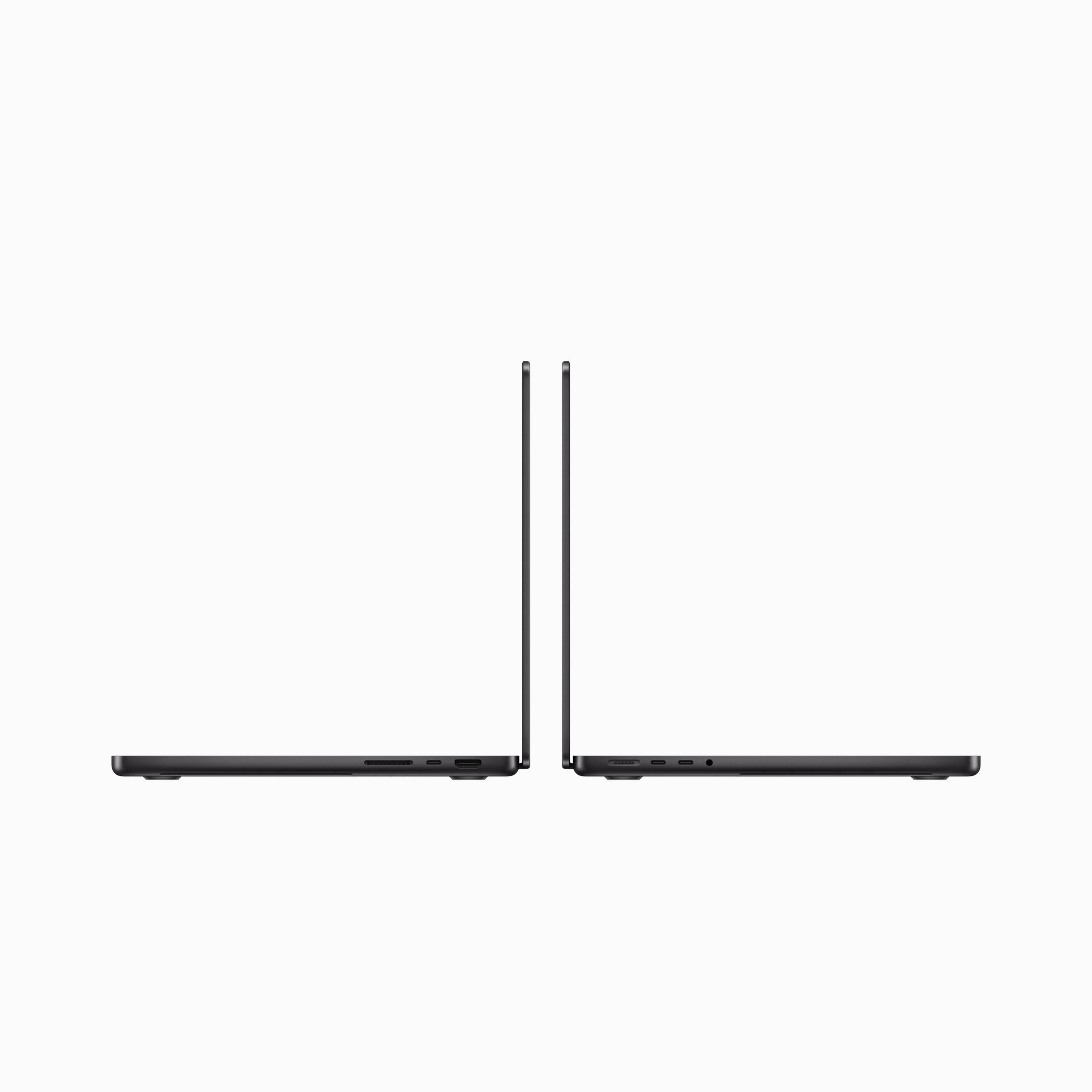 Zwei dunkle Laptops nebeneinander, Seitenansicht mit Anschlüssen.