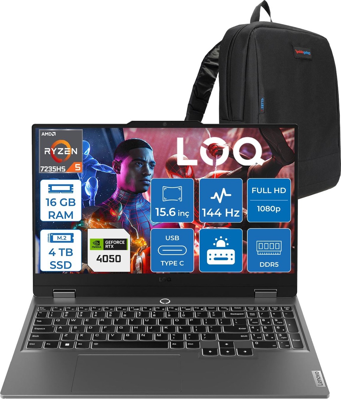 LENOVO LOQ 15ARP9 RTX4050 6GB IPS 83JC00H4TRF05 AMD Ryzen 5 7235HS 16 GB RAM 4 TB SSD 15,6 inç FreeDOS Laptop+Çanta Gri