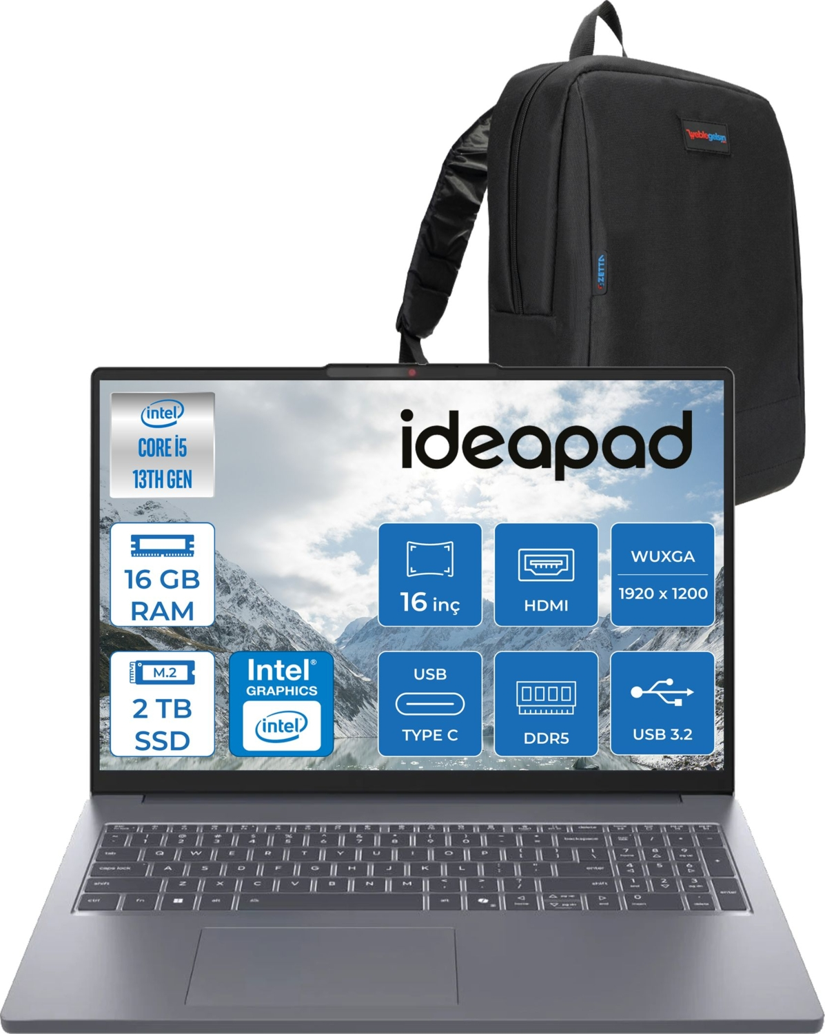 Intel Core i5 13. Nesil, 16 GB RAM, 2 TB SSD dizüstü bilgisayar ve sırt çantası.