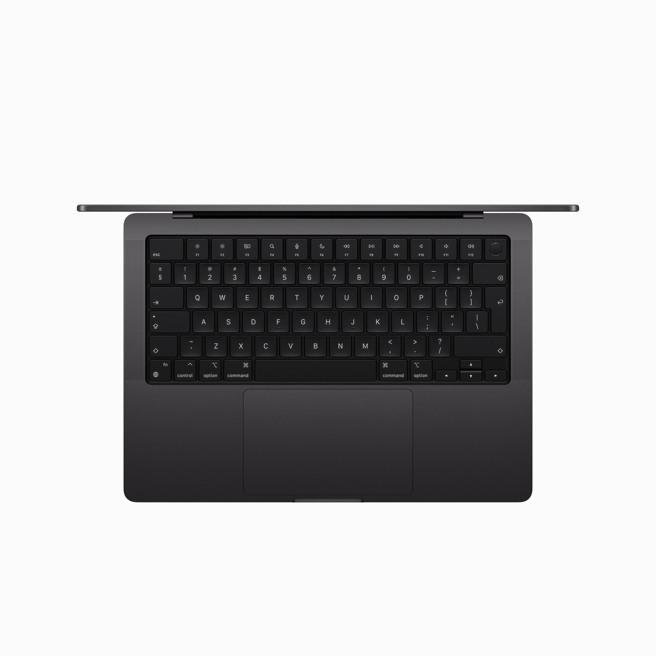 Ein dunkelgrauer Laptop ist geöffnet und zeigt Tastatur und Trackpad. Der Bildschirm ist nicht sichtbar.