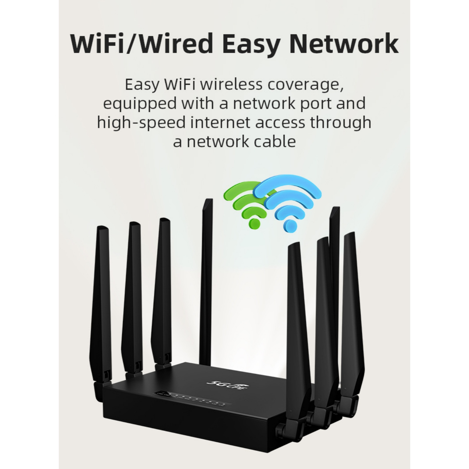 Schwarzer Router mit vielen Antennen und WiFi-Symbolen