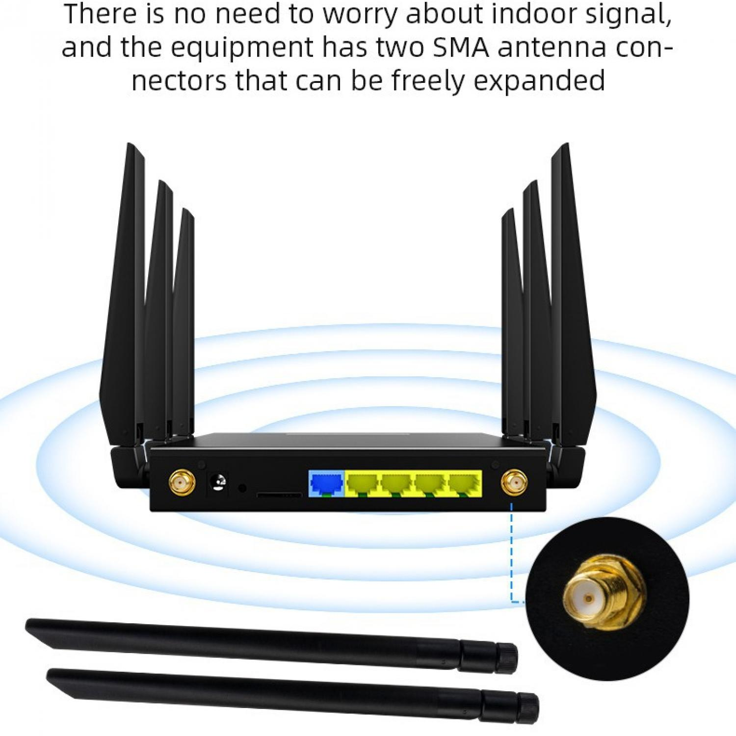 Ein schwarzer Router mit vier Antennen und Ethernet-Anschlüssen.