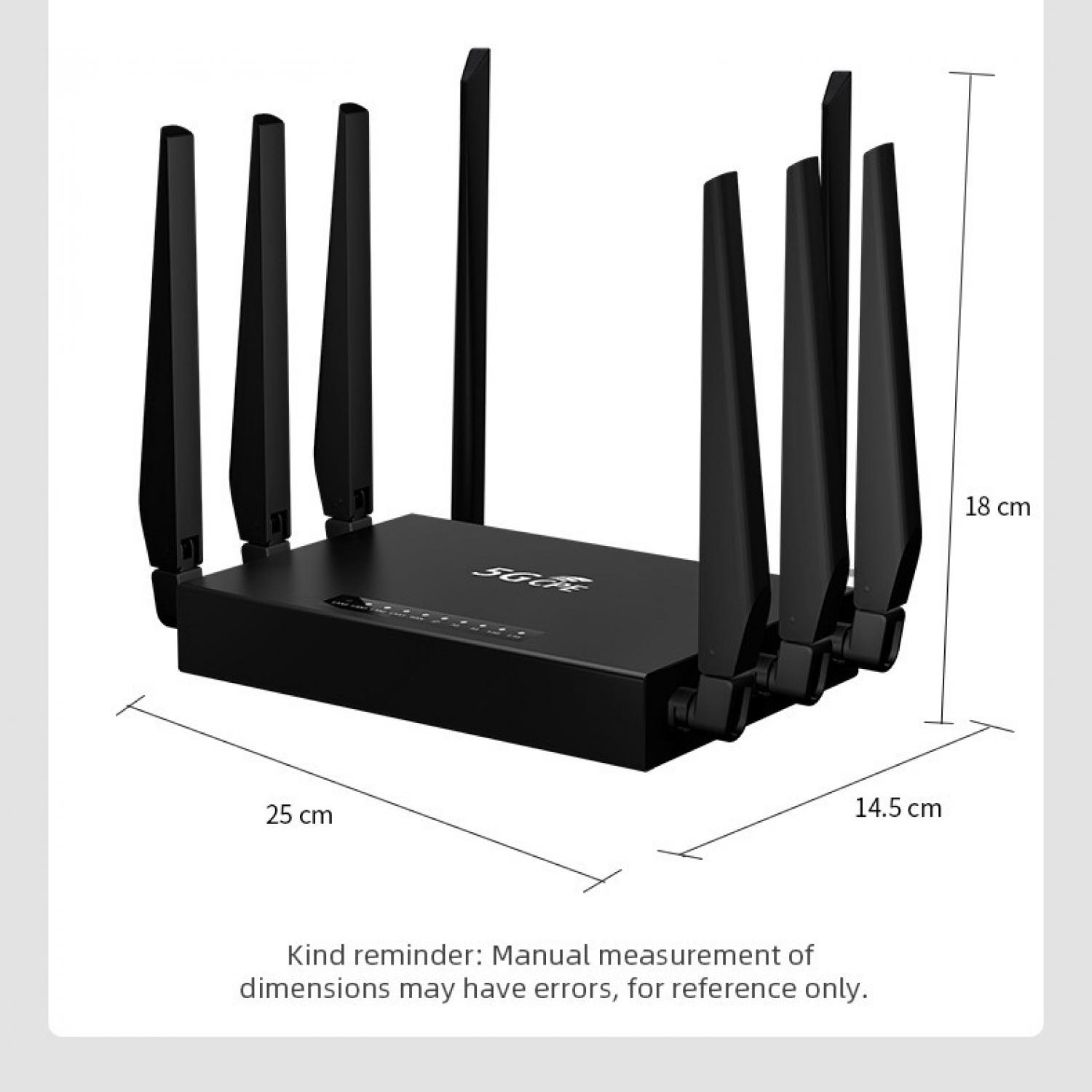 Schwarzer Router mit acht Antennen, 25x14,5x18 cm.