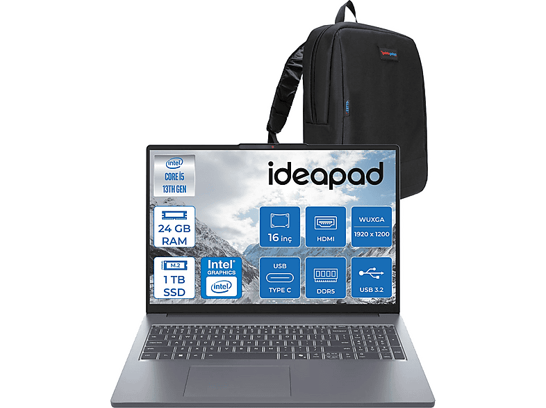 LENOVO Ideapad Slim 3 16IRH10 Wuxga IPS 300NITS 83K2001UTRF05 Intel Core i5-13420H 24 GB RAM 1 TB SSD 16 inç FreeDOS Laptop+Çanta Gri
