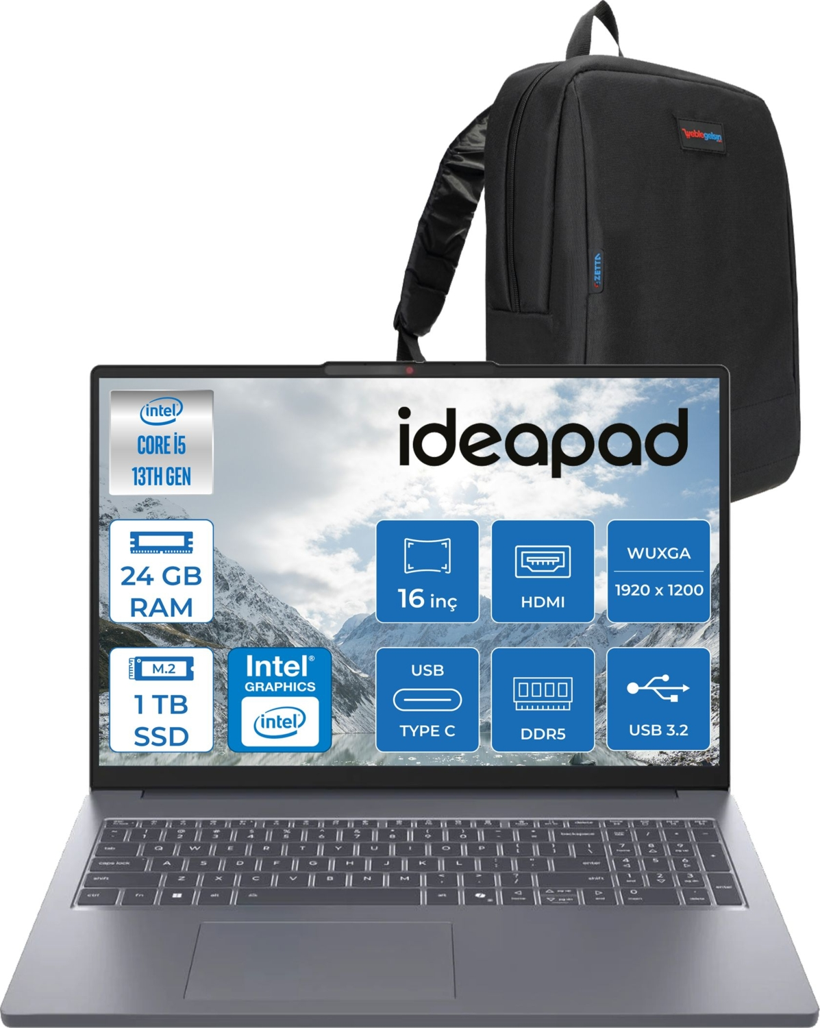 LENOVO Ideapad Slim 3 16IRH10 Wuxga IPS 300NITS 83K2001UTRF05 Intel Core i5-13420H 24 GB RAM 1 TB SSD 16 inç FreeDOS Laptop+Çanta Gri