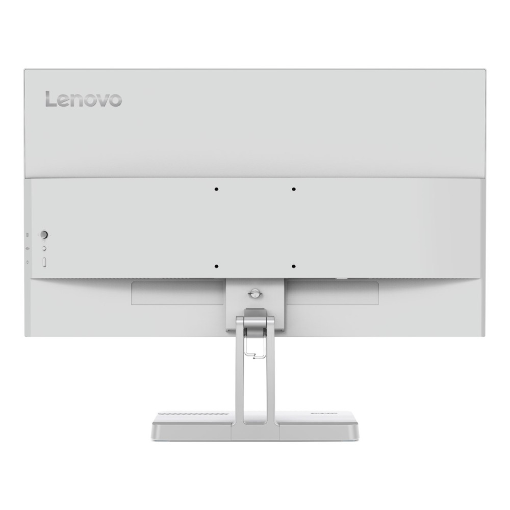 Achterkant van een witte Lenovo monitor met zilveren standaard en poorten.