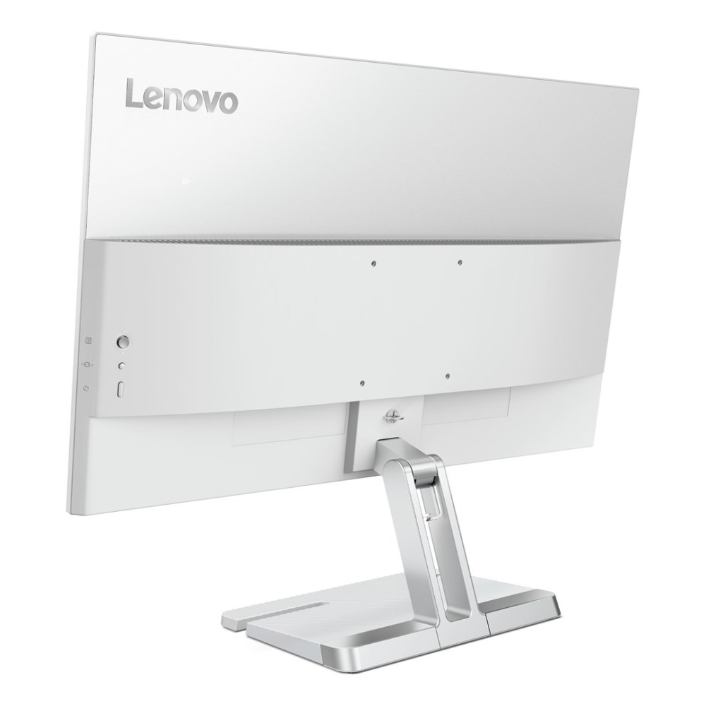 Achterkant van een witte Lenovo monitor met zilveren standaard.