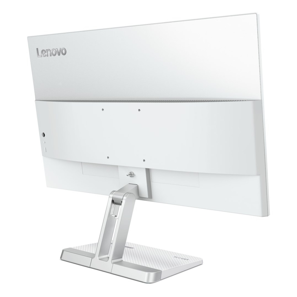 De achterkant van een witte Lenovo monitor met zilveren standaard op witte achtergrond.