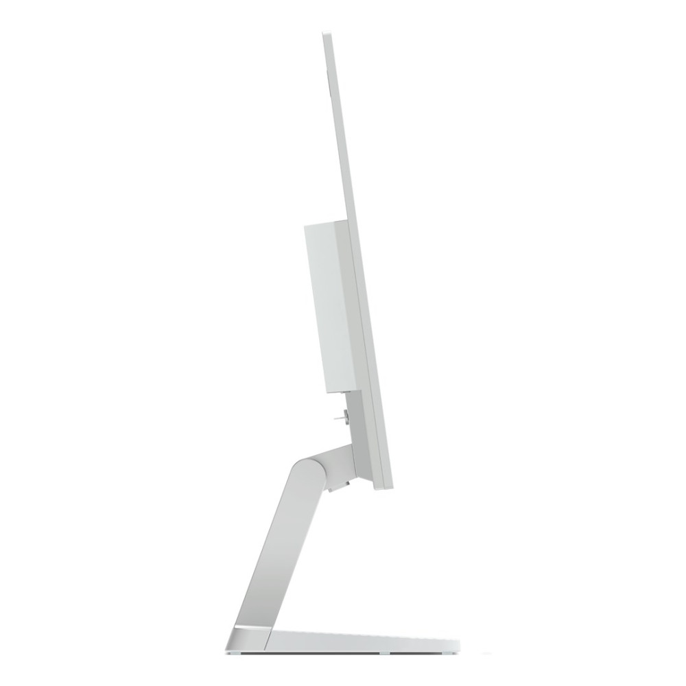 Een witte computermonitor van de zijkant met een draaibare standaard.