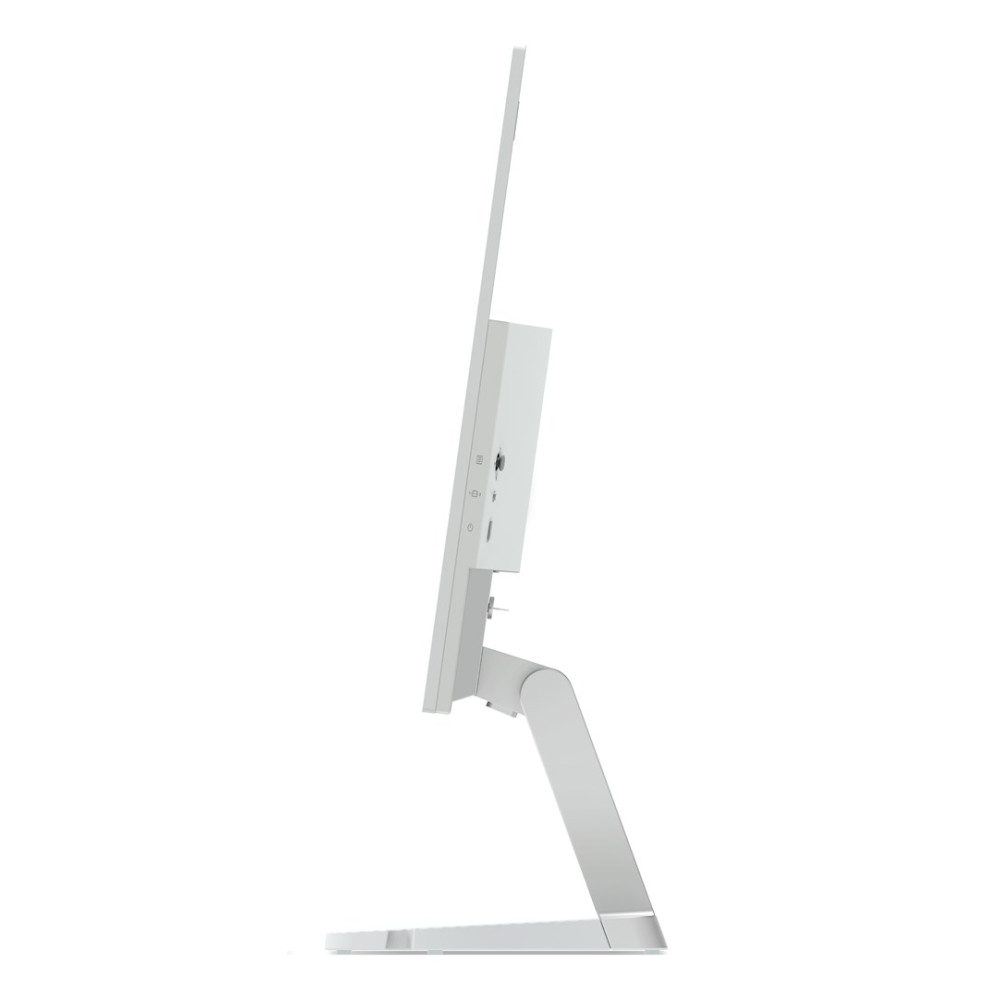 Witte computermonitor in profiel met zilveren standaard op witte achtergrond.