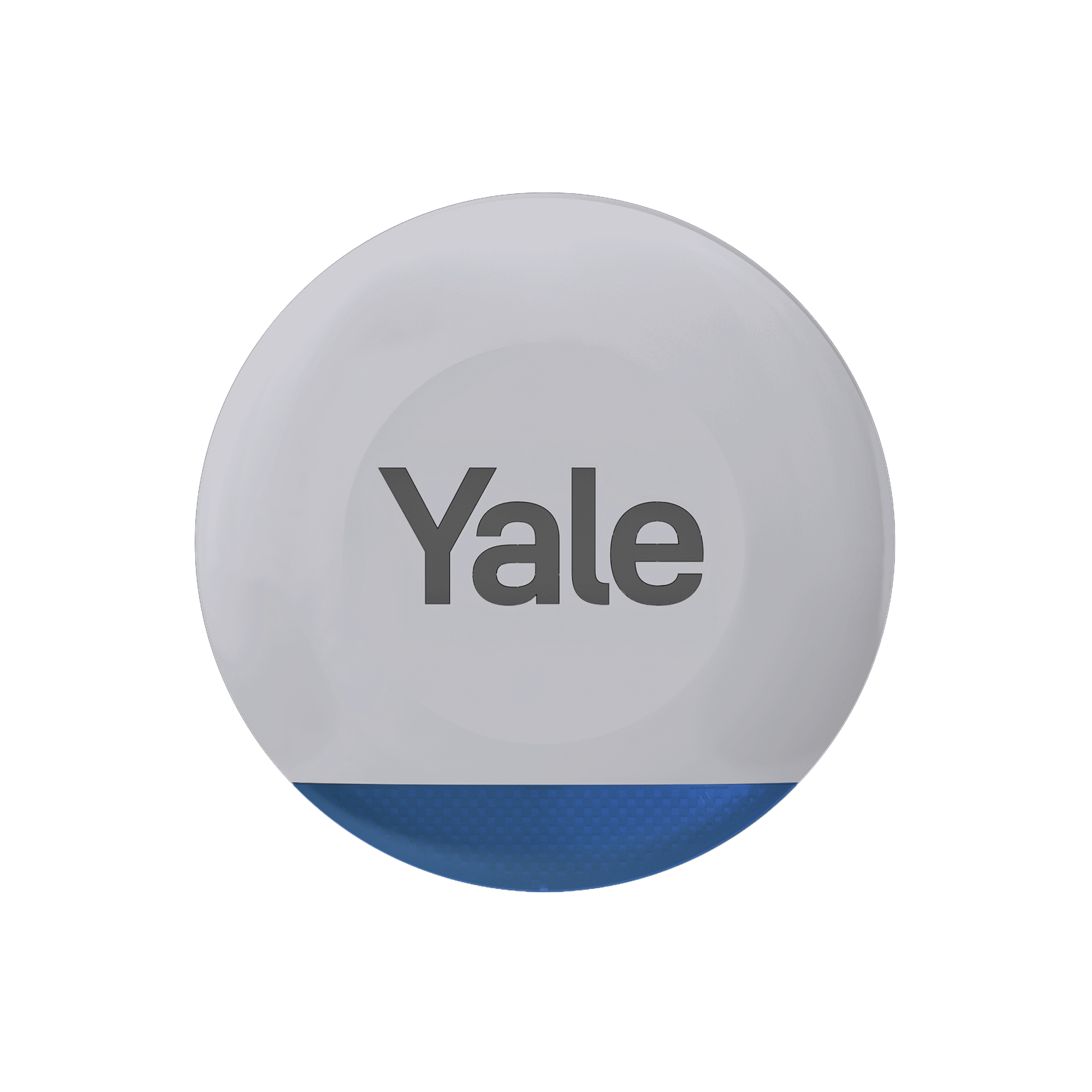 Un oggetto circolare grigio con la parola "Yale" in carattere scuro e una sezione inferiore blu.