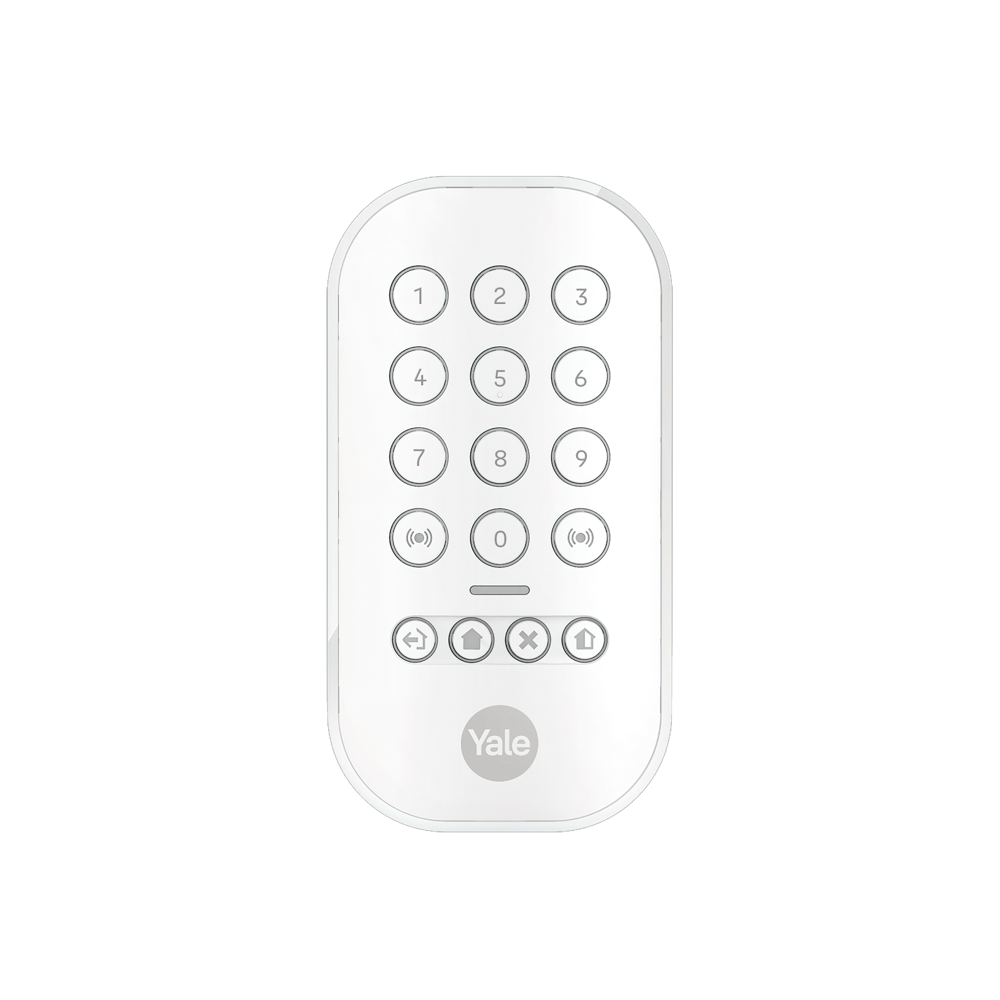 Un dispositivo Yale remoto bianco con tastierino numerico e icone.