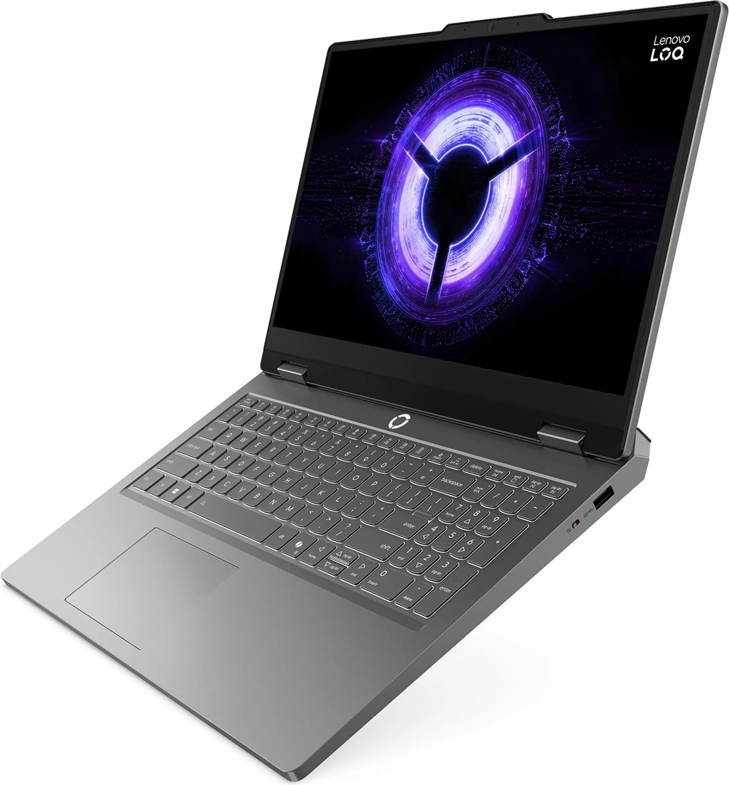 Ekranında parlayan mor desene sahip gri bir Lenovo dizüstü bilgisayar.