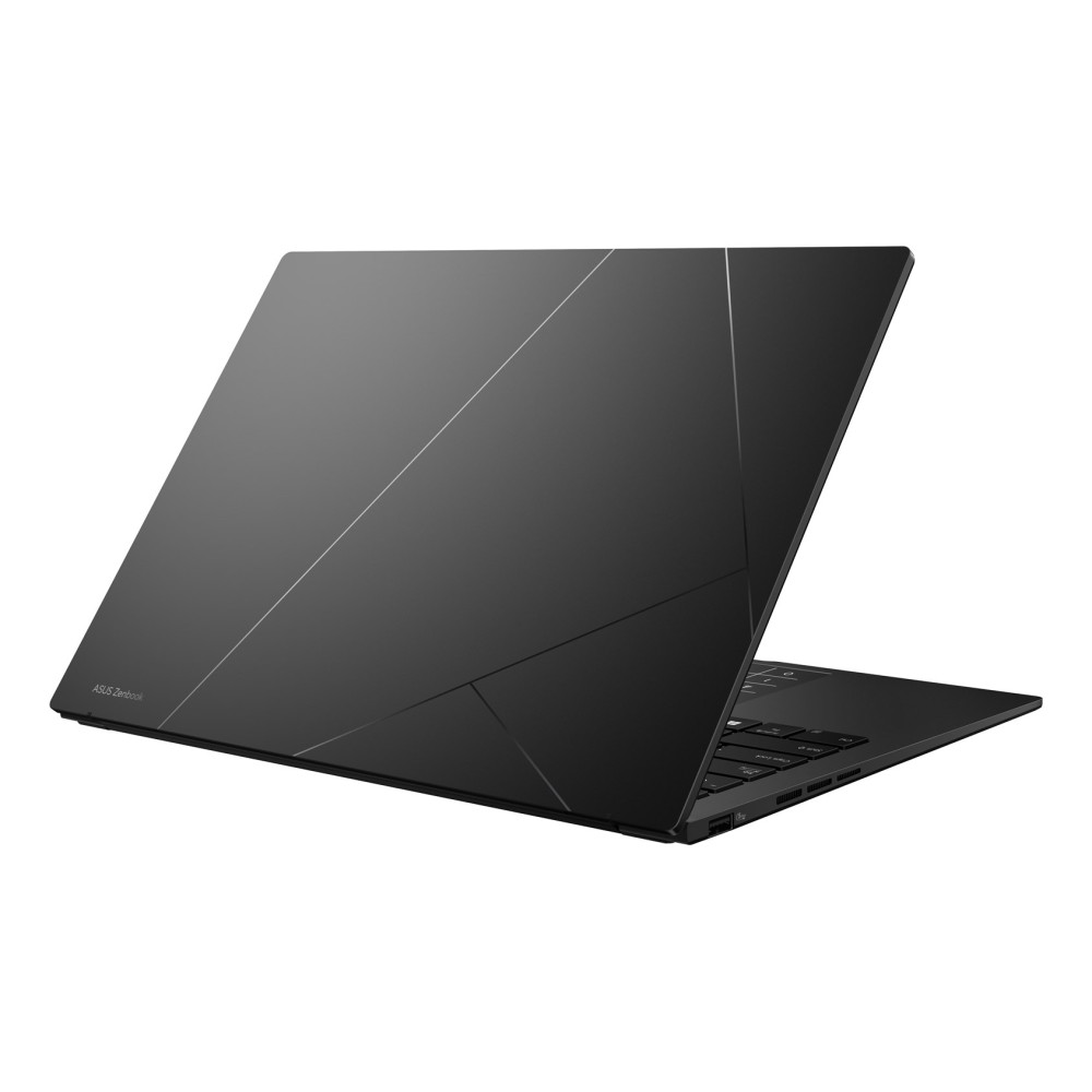 Zamknięty, ciemny laptop z geometrycznymi liniami na pokrywie.