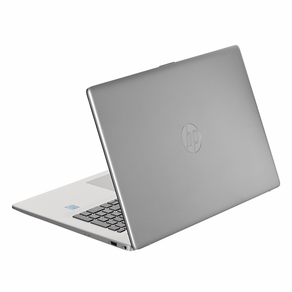 Srebrny laptop HP z otwartą do tyłu pokrywą na białym tle.