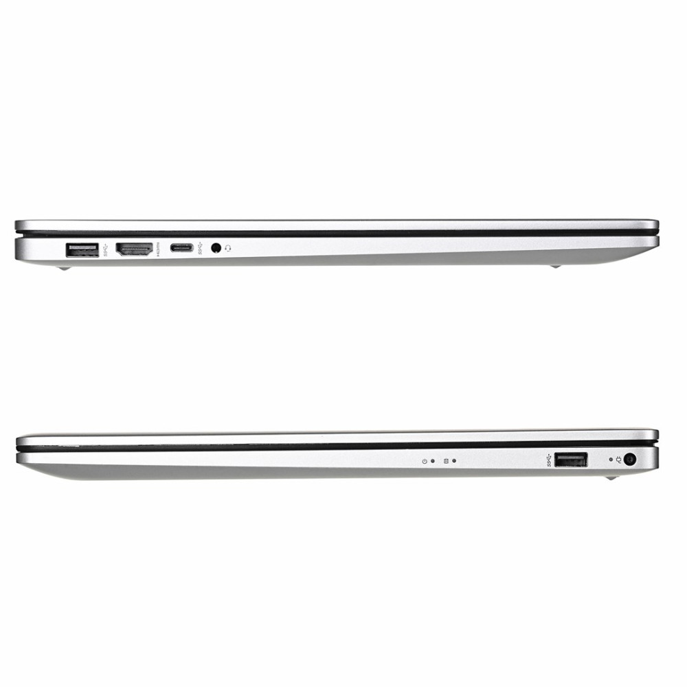 Srebrny laptop widok z boku: porty USB-A, HDMI, USB-C, gniazdo słuchawkowe.