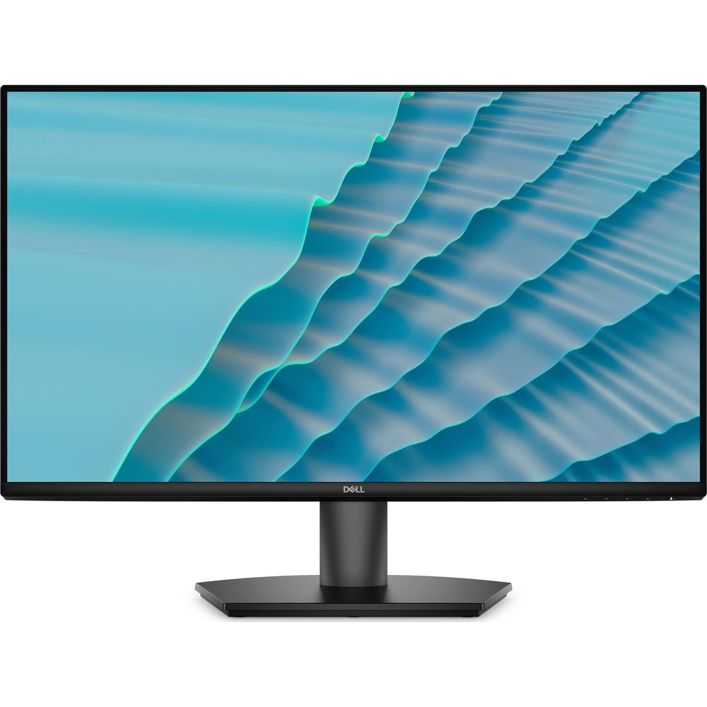 Monitor Dell wyświetlający abstrakcyjny wzór fal w odcieniach niebieskiego i zieleni.