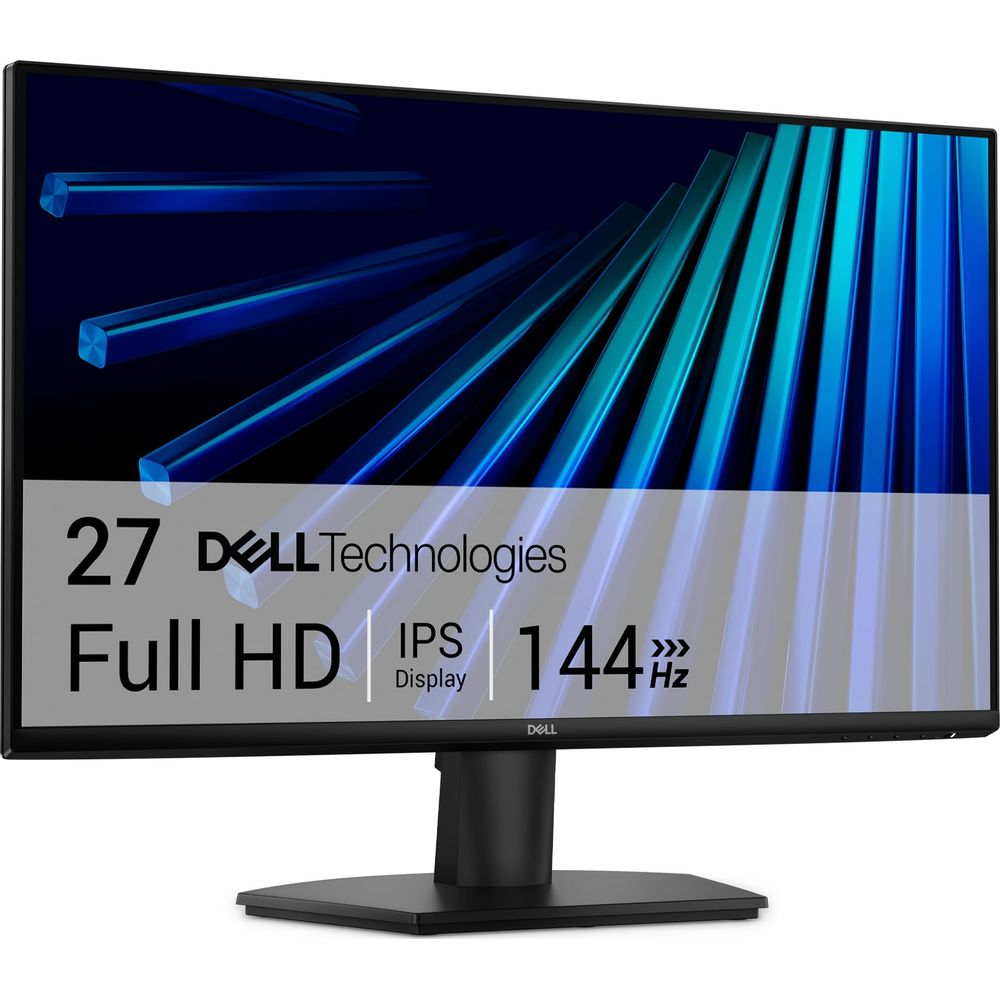 Monitor Dell Full HD IPS 144Hz 27 cali z abstrakcyjnym tłem.