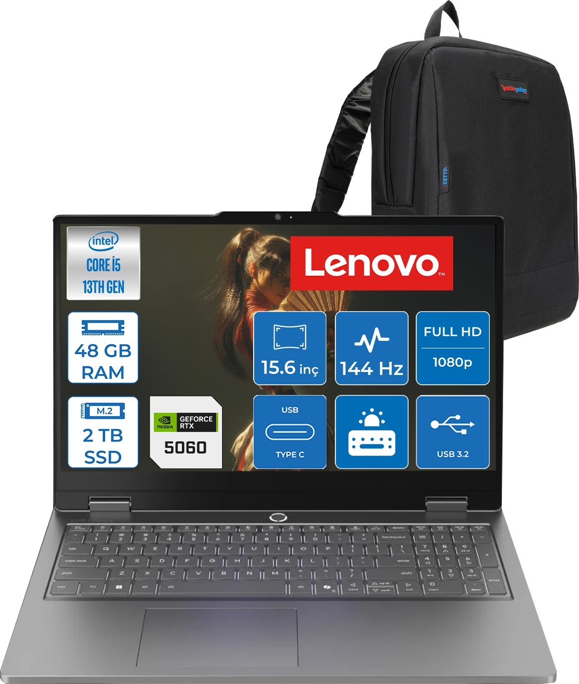 48 GB RAM ve 2 TB SSD'li Lenovo dizüstü bilgisayar, siyah sırt çantasının yanında.