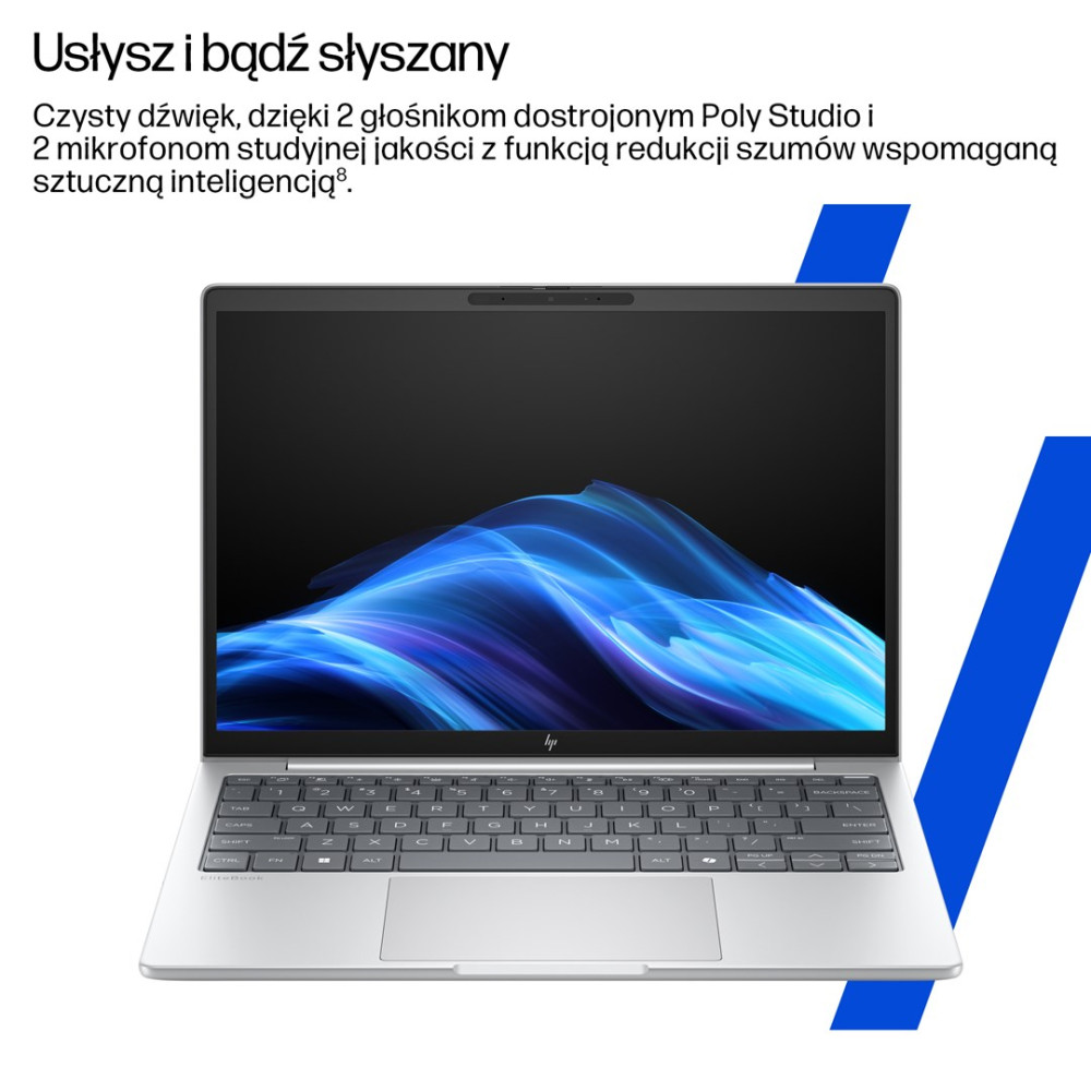 Srebrny laptop z abstrakcyjną niebieską tapetą na ekranie.
