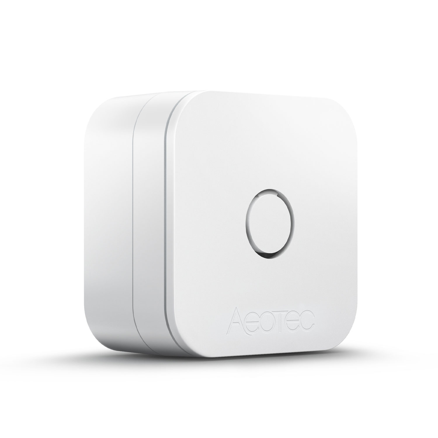 Weißer smarter Sensor mit Aeotec-Logo und kreisförmiger Taste auf weißem Hintergrund.