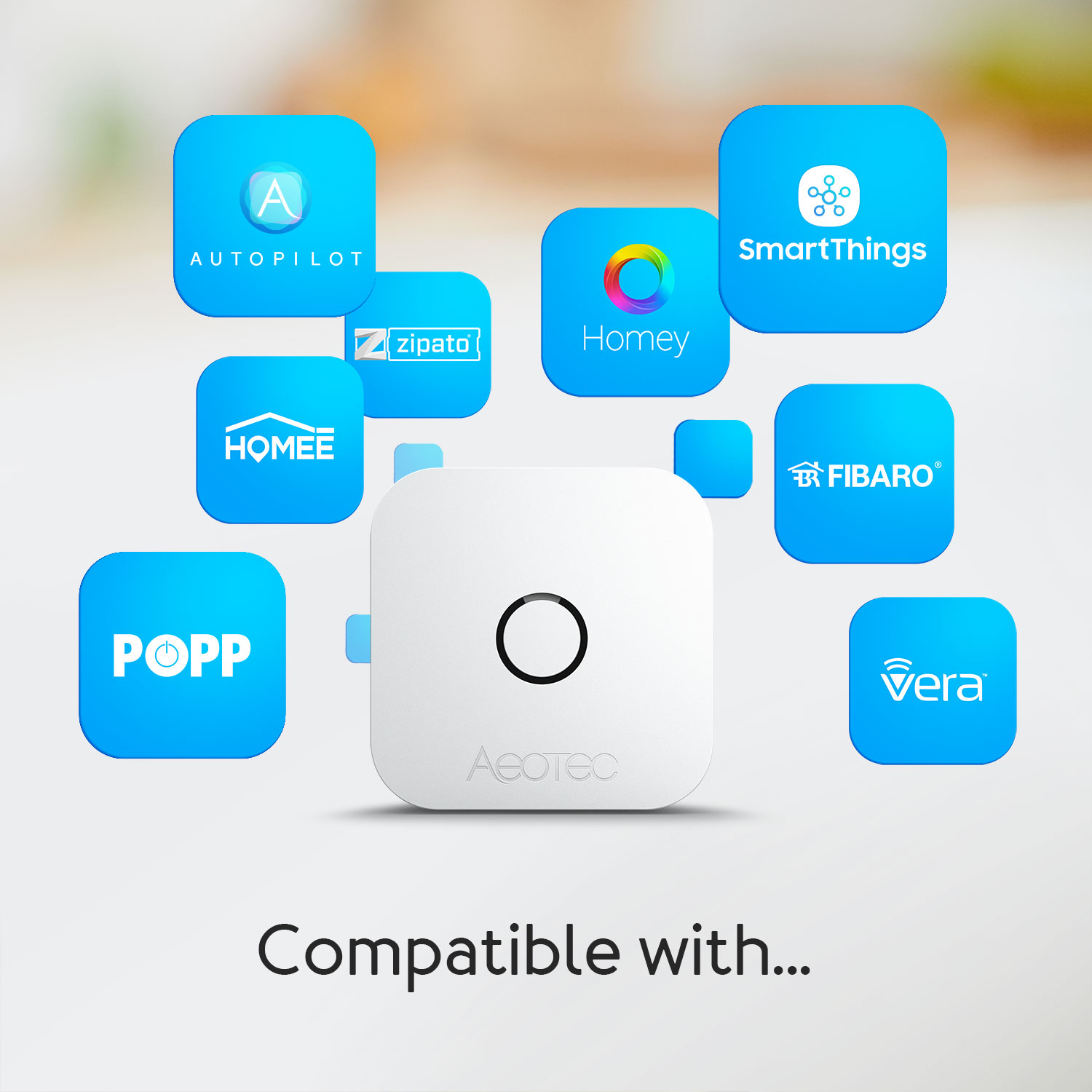 Ein weißes Smart-Home-Gerät mit Logos von Autopilot, Zipato, Homee, Popp, Homey, SmartThings, Fibaro und Vera.