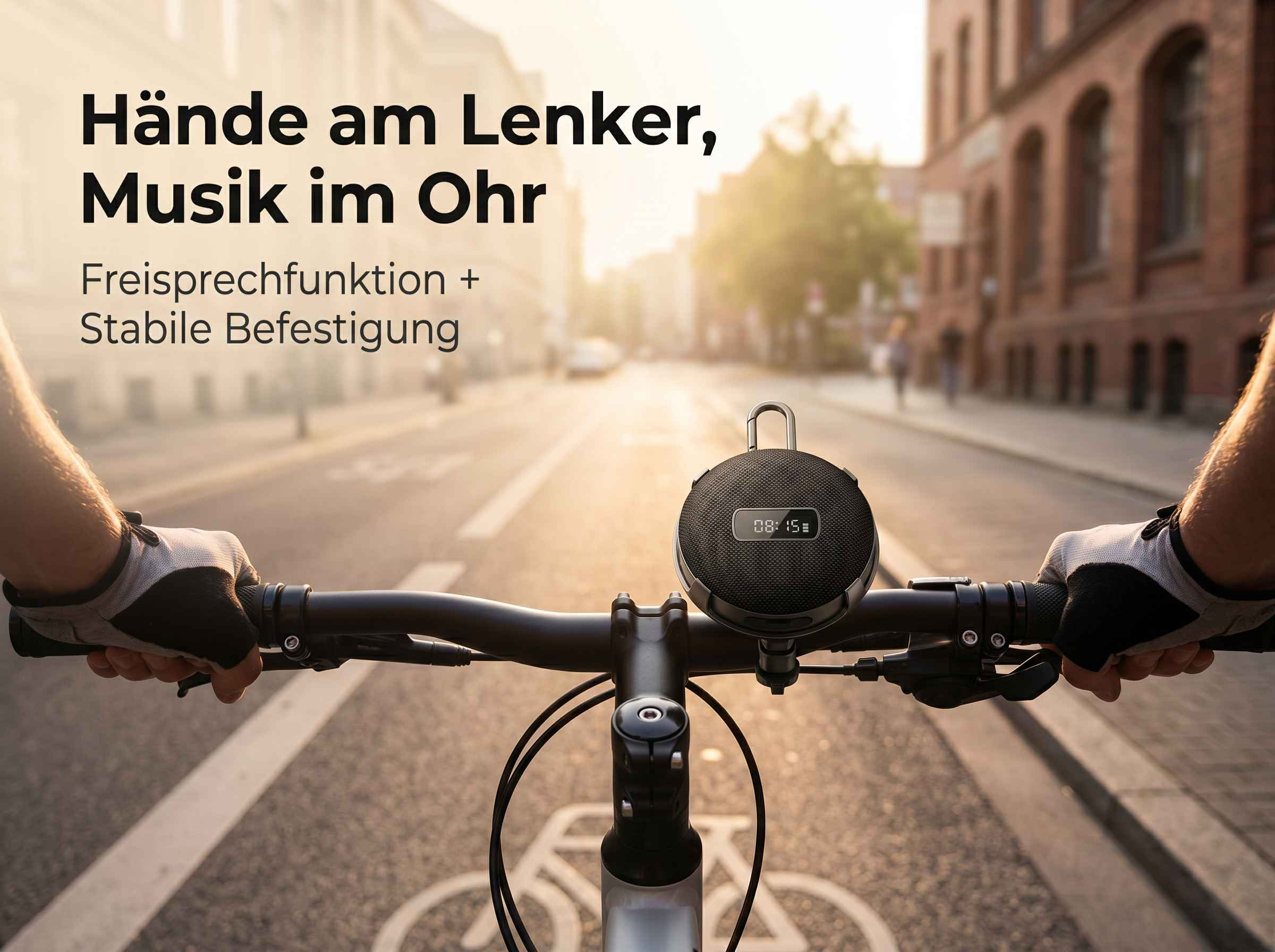Hände am Lenker eines Fahrrads mit Lautsprecher, der am Lenker befestigt ist.