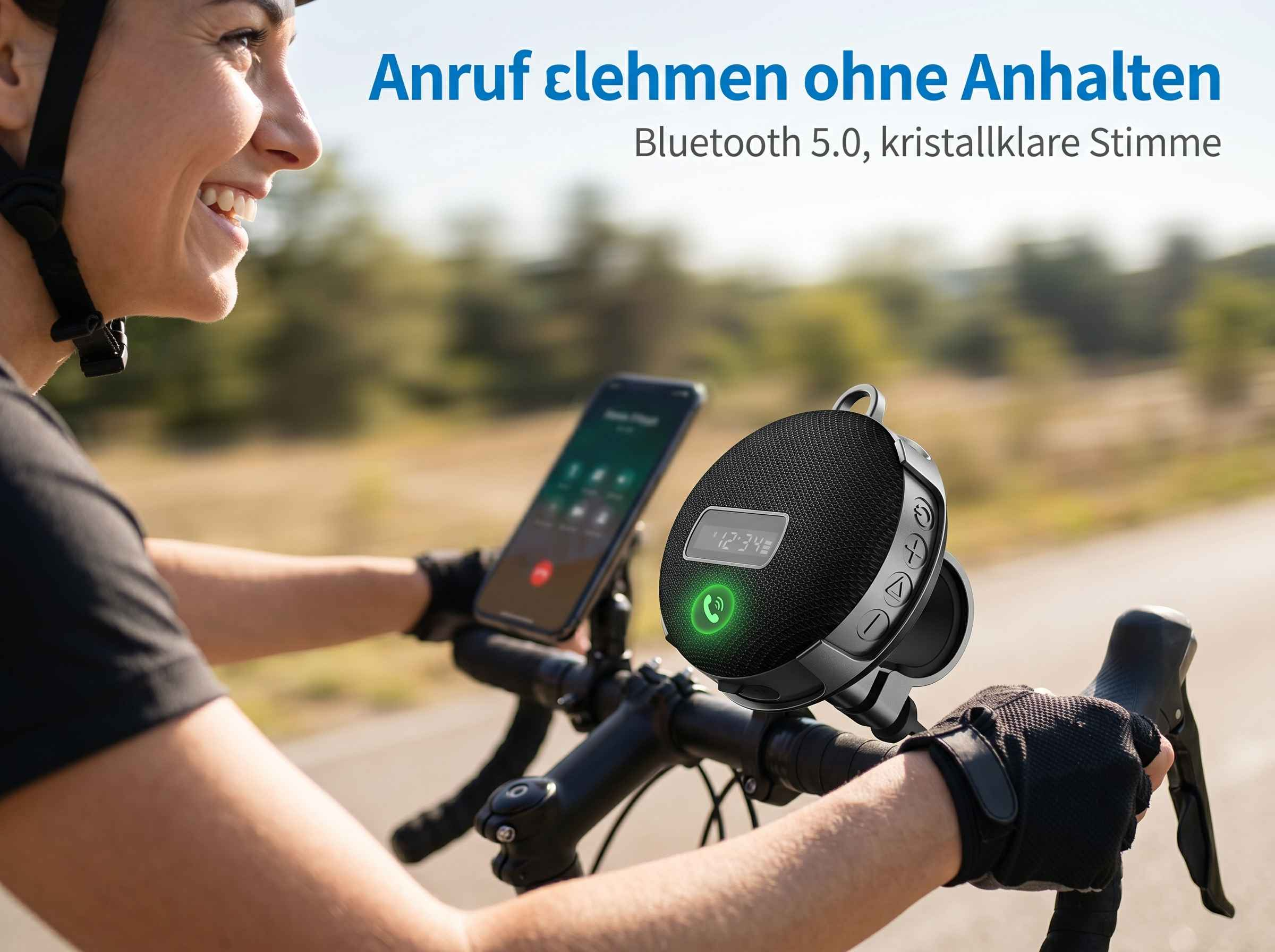Radfahrerin mit Helm nimmt Anruf über Bluetooth-Lautsprecher am Fahrrad entgegen.