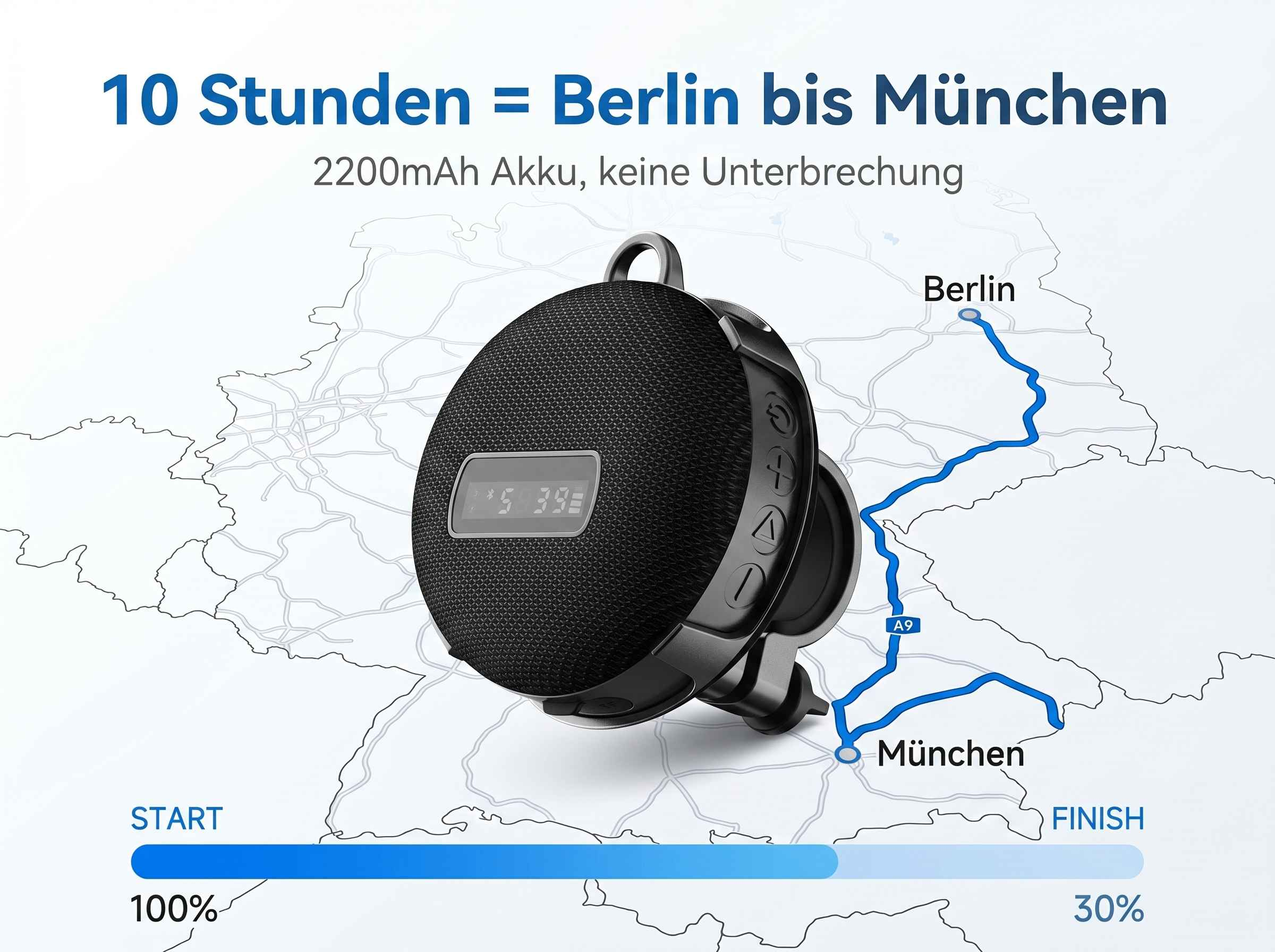 Schwarzer Lautsprecher auf Karte: Berlin bis München, 10 Std. Akku.