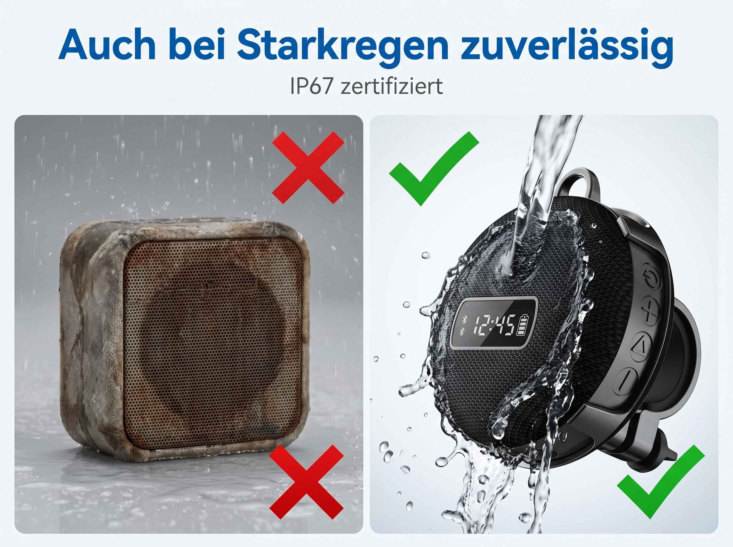 Ein schmutziger Lautsprecher mit rotem X, daneben ein schwarzer Lautsprecher unter Wasser mit grünem Haken.