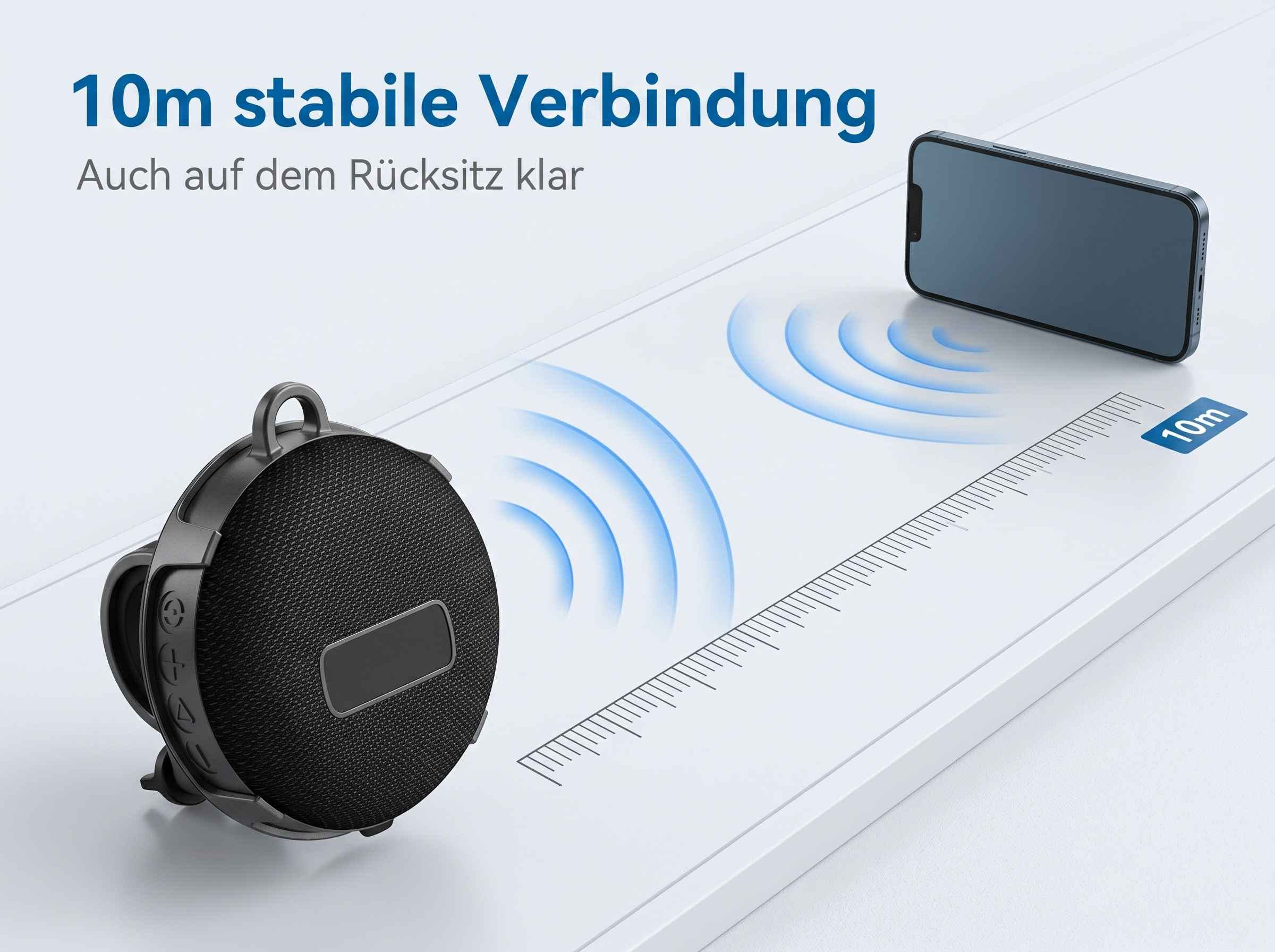 Schwarzer Lautsprecher und Smartphone auf weißer Fläche mit 10m Reichweite.