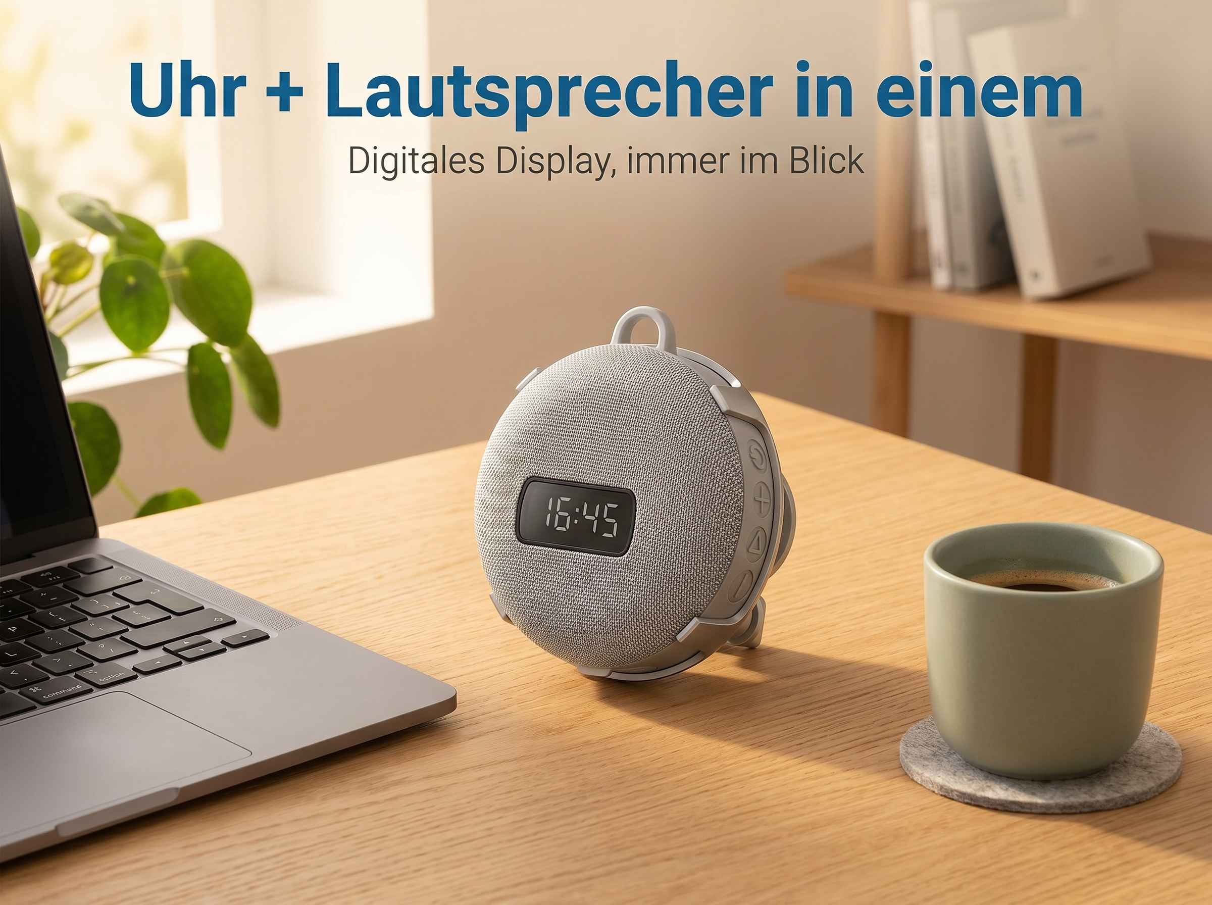 Grauer Lautsprecher mit Digitalanzeige neben Laptop und Kaffee.