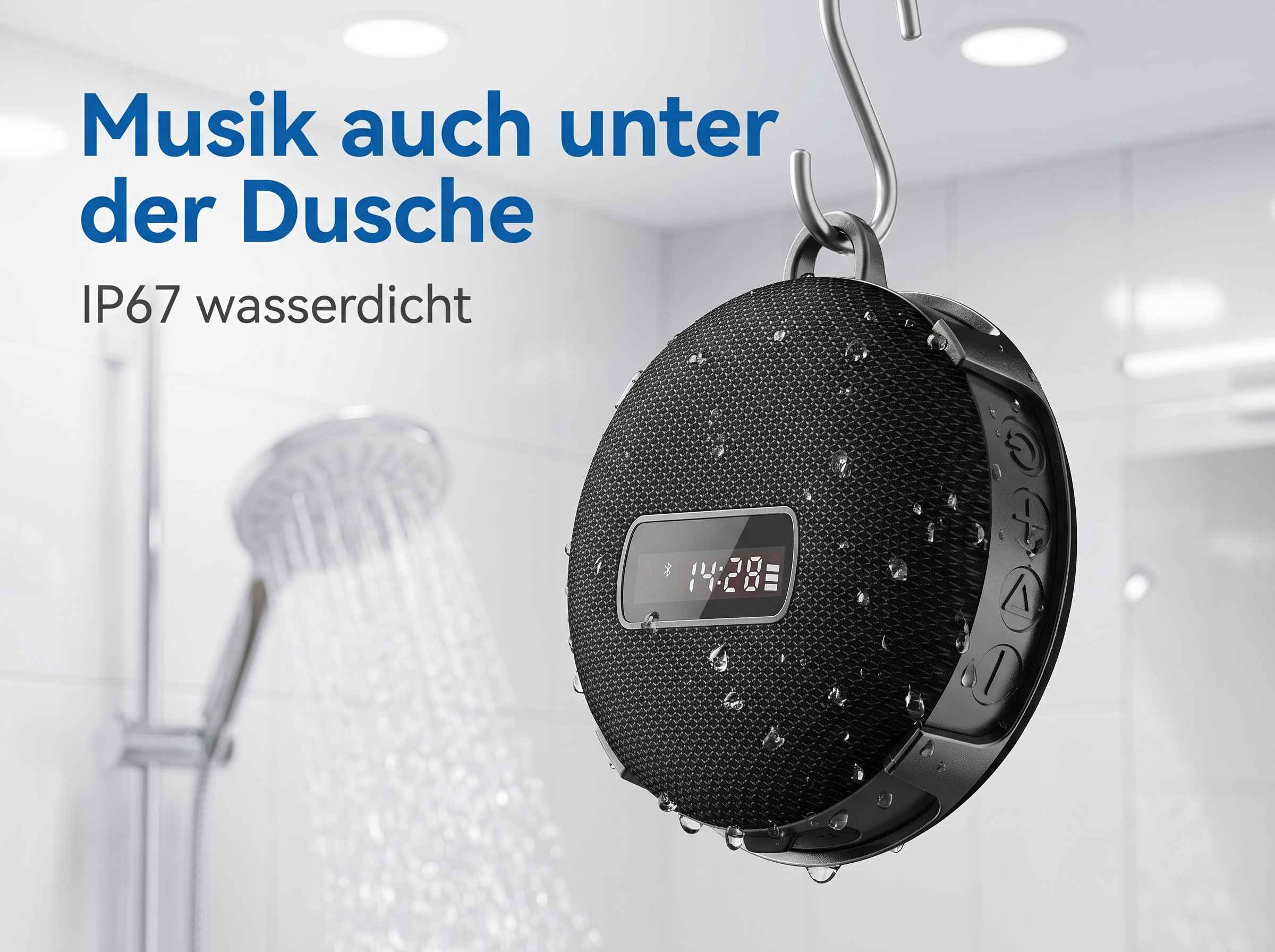 Wasserdichter Lautsprecher mit Zeitanzeige hängt unter der Dusche.