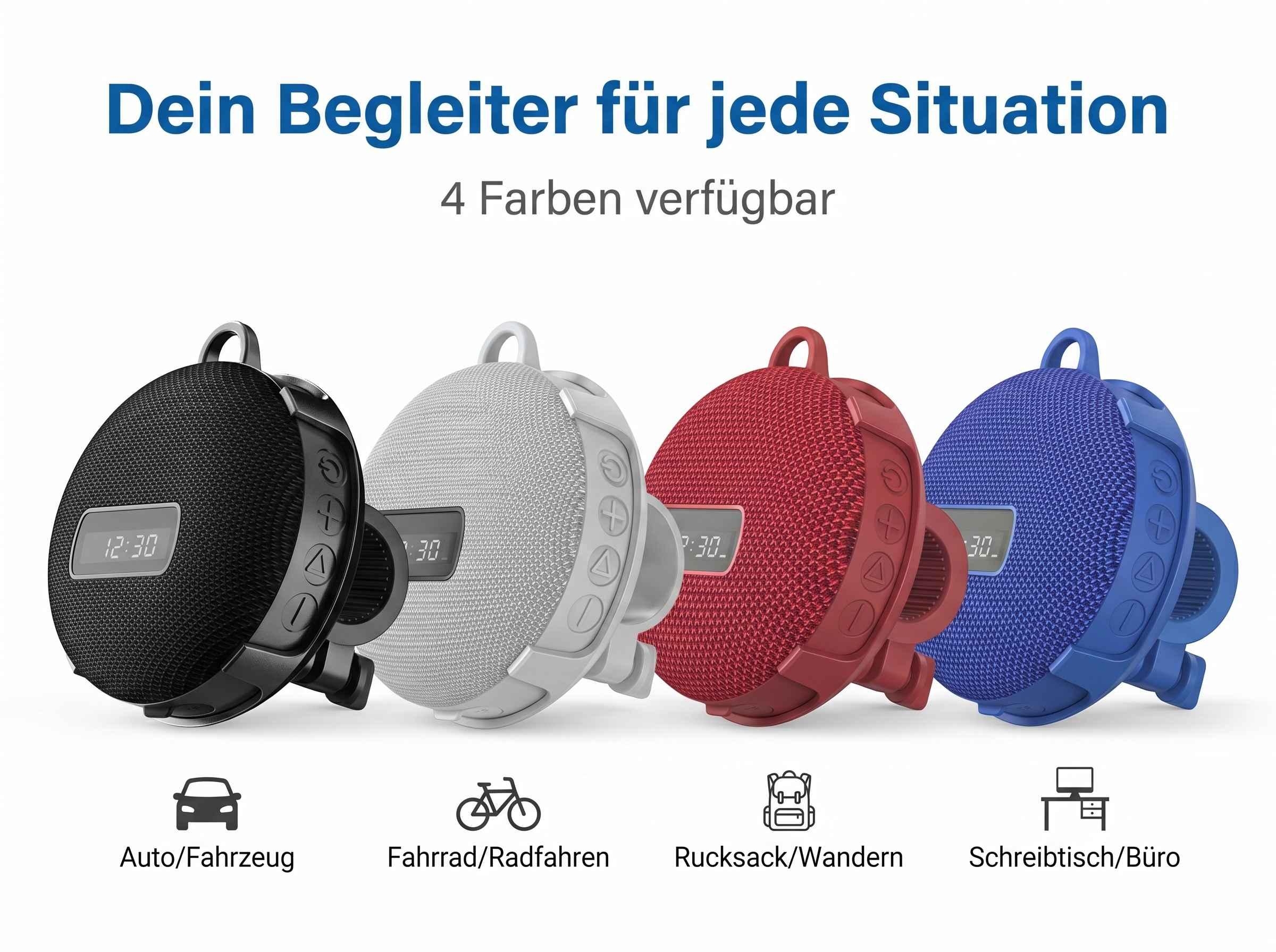 Vier tragbare Lautsprecher in Schwarz, Grau, Rot und Blau mit digitalen Displays.