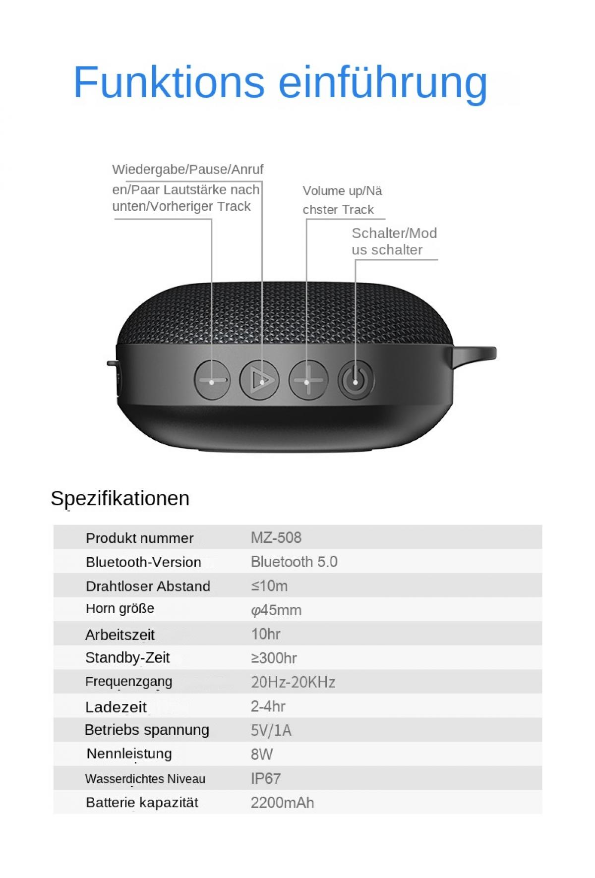 Schwarzer Bluetooth-Lautsprecher mit Bedienknöpfen und Spezifikationstabelle.