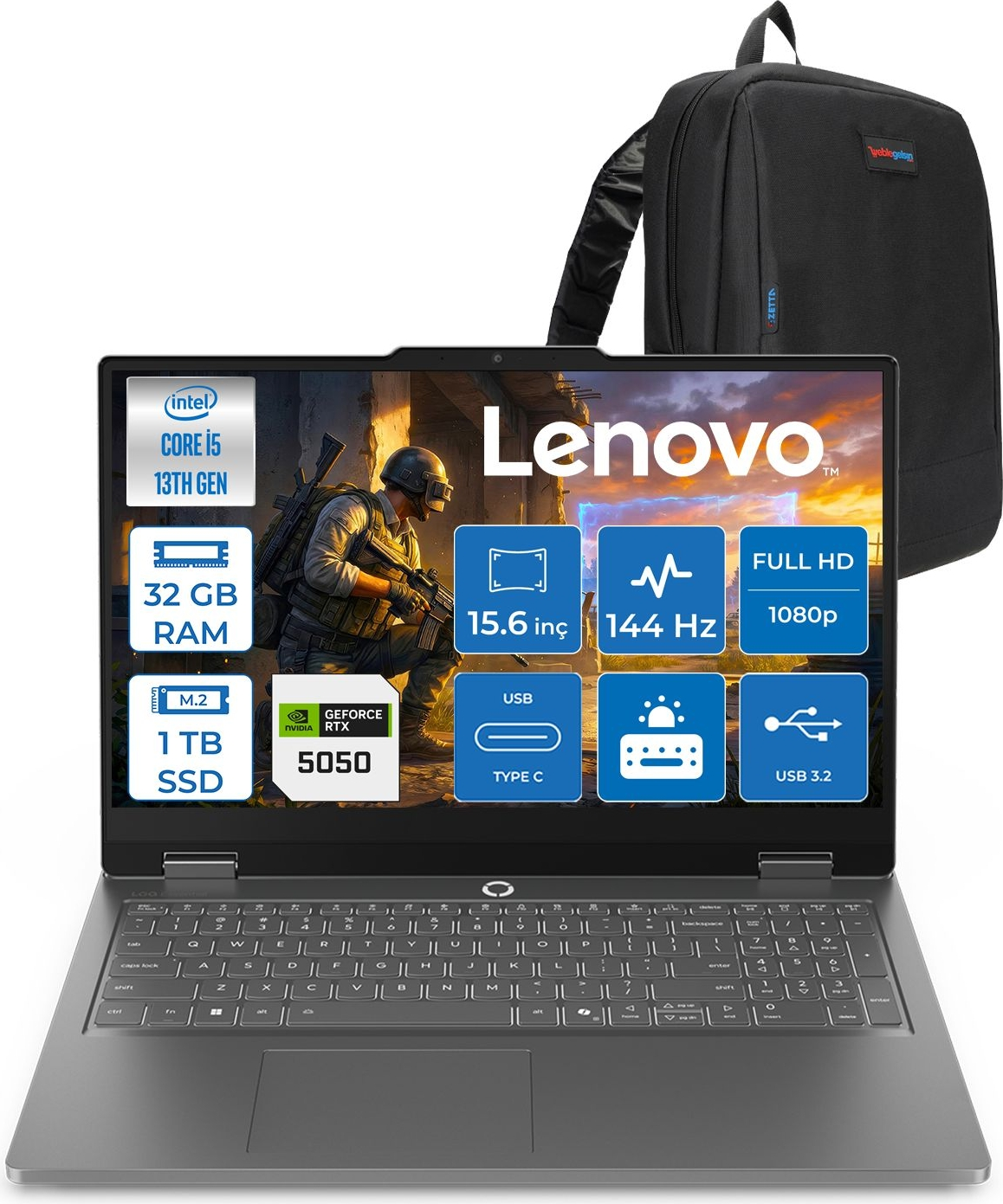 Intel Core i5, 32GB RAM, 1TB SSD, RTX 5050 ve sırt çantalı Lenovo dizüstü bilgisayar.
