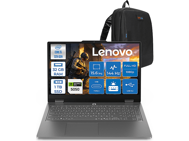 LENOVO Lenovo Loq Essential 15IRX11 I5 13450HX 32GB 512+512GB 8GB/RTX5050 15.6" FDOS 83SC000QTRF35+ZETTAÇNT 13450HX 32 GB RAM 1000 GB SSD 15,6 inç FreeDOS Notebook Gri