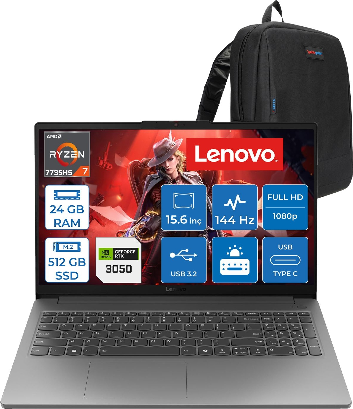 Ryzen 7, 24GB RAM, 512GB SSD ve siyah sırt çantalı gri Lenovo dizüstü bilgisayar.