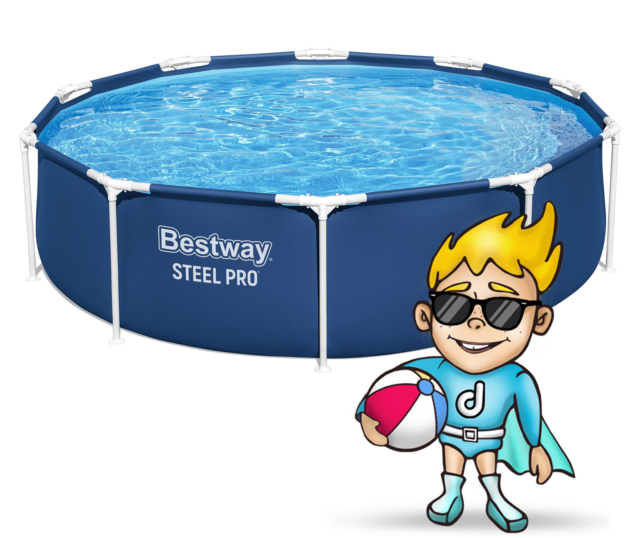 Niebieski basen stelażowy z wodą i kreskówkowy chłopiec z piłką.