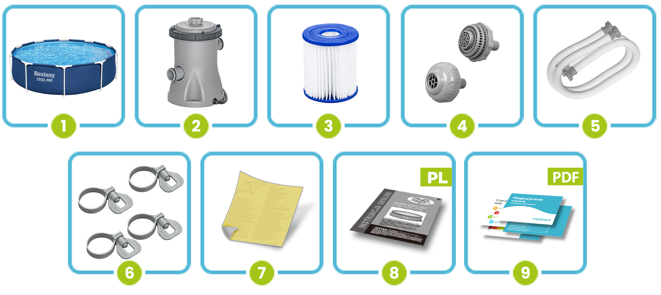 Niebieski basen Bestway Steel Pro z pompą filtrującą, filtrem, dyszami, wężami, zaciskami i instrukcjami.