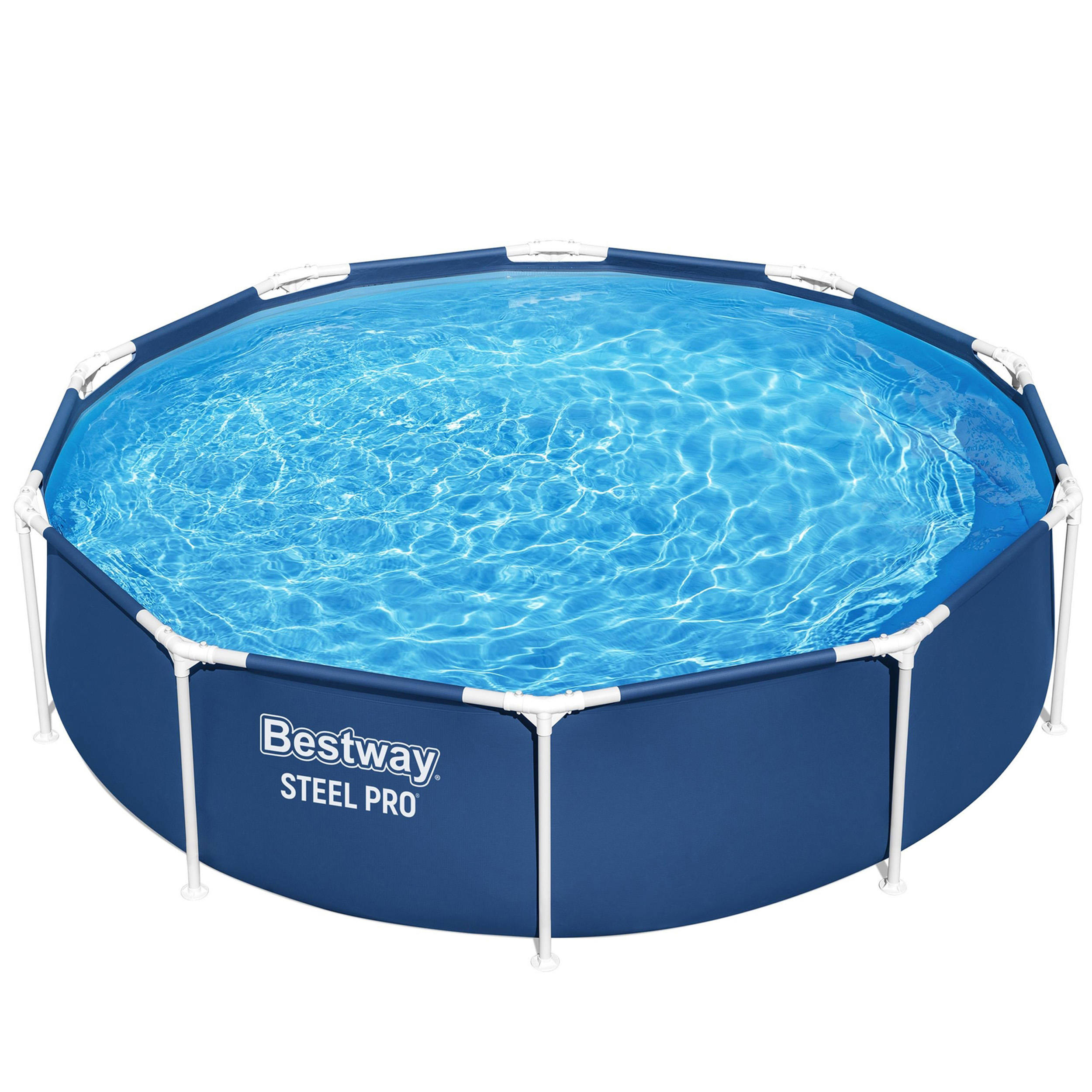 Niebieski okrągły basen ze stalową ramą i czystą wodą, na białym tle.