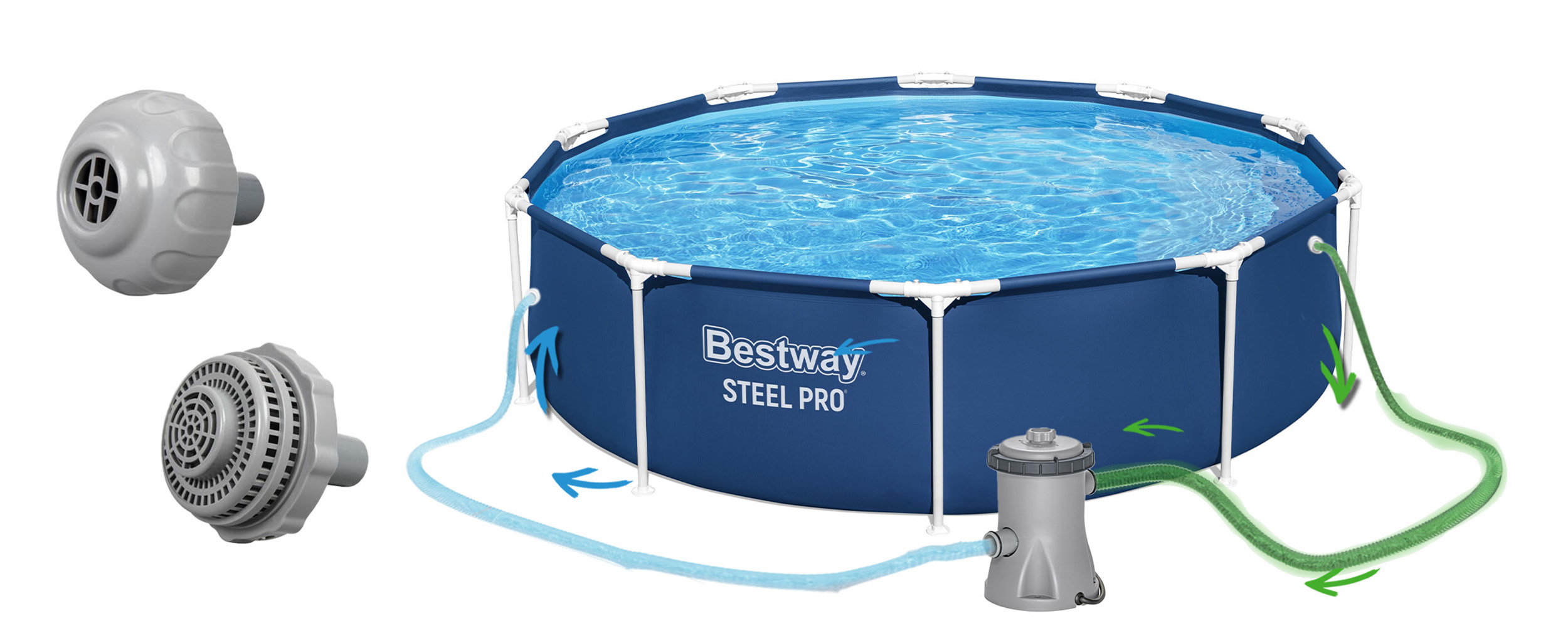 Niebieski basen Bestway Steel Pro z pompą filtrującą i złączkami.