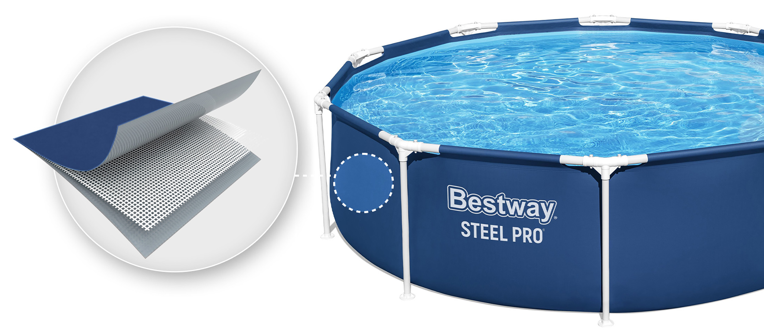 Basen Bestway Steel Pro, niebieska tkanina z białymi wspornikami, z zbliżeniem materiału.