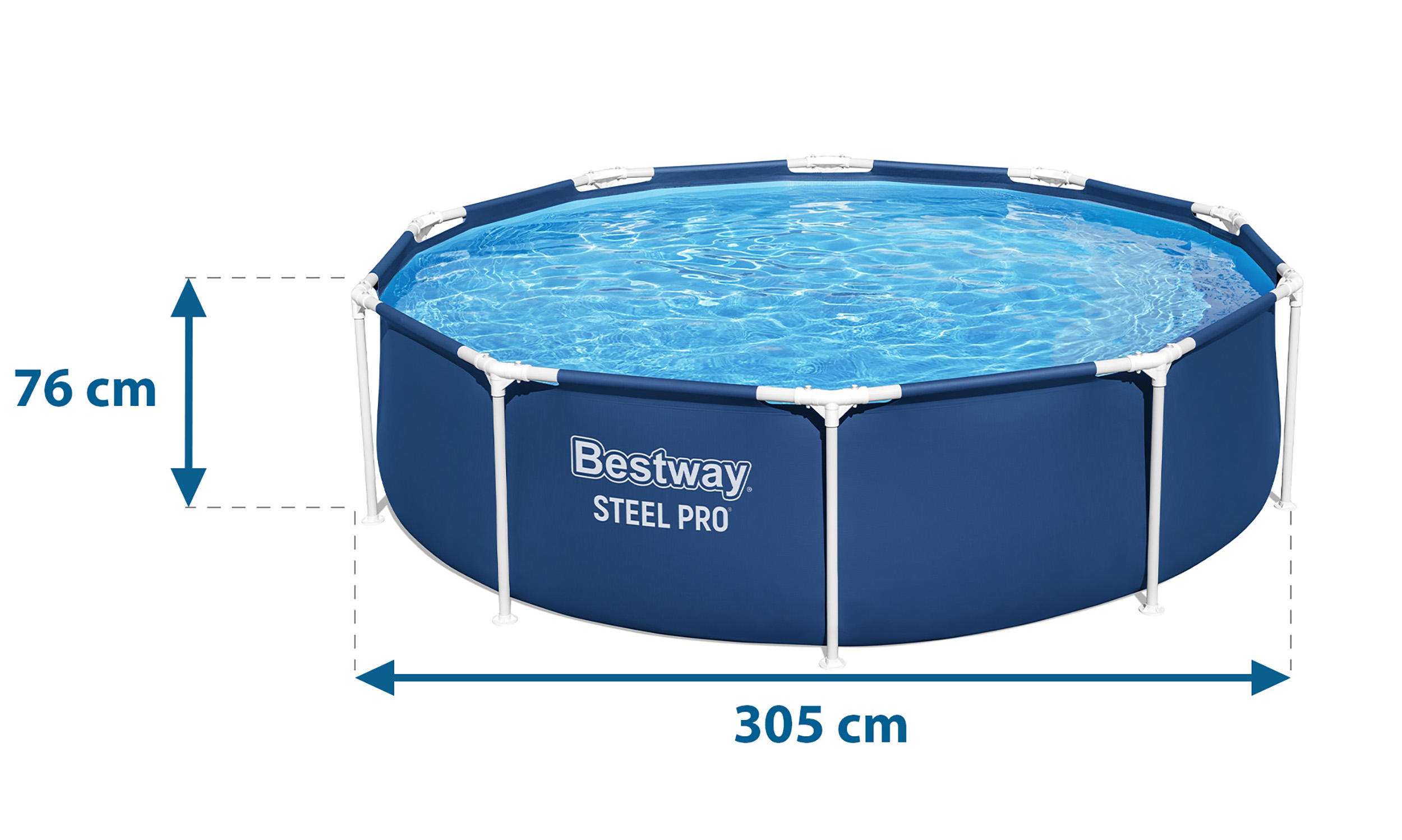 Niebieski basen Bestway Steel Pro, średnica 305 cm, wysokość 76 cm.