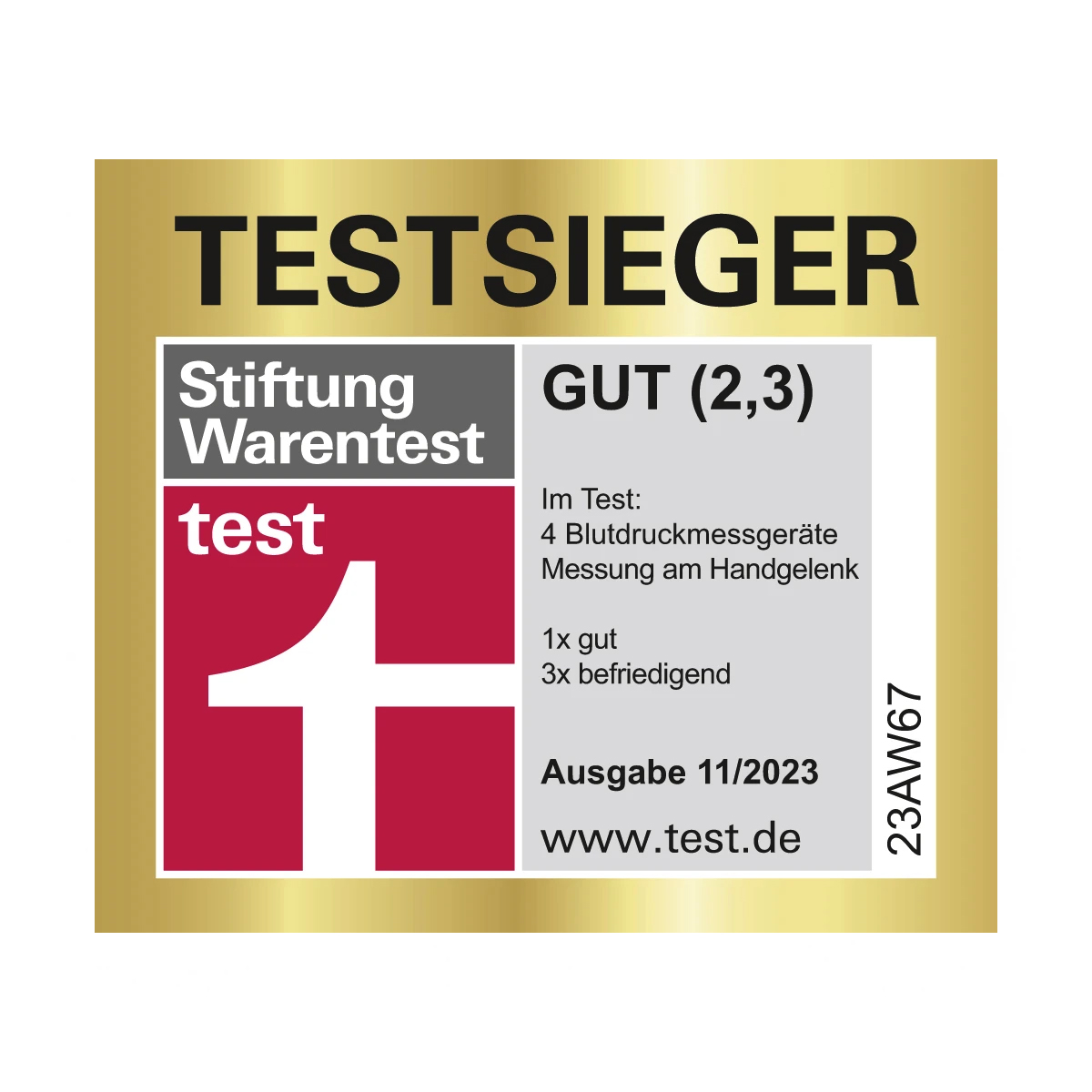 Pieczęć testowa 'DOBRY (2,3)' od Stiftung Warentest dla ciśnieniomierzy.