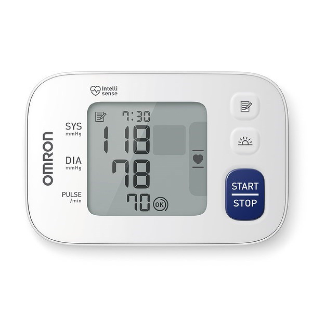Biały ciśnieniomierz Omron pokazuje 118/78 mmHg i 70 tętna.